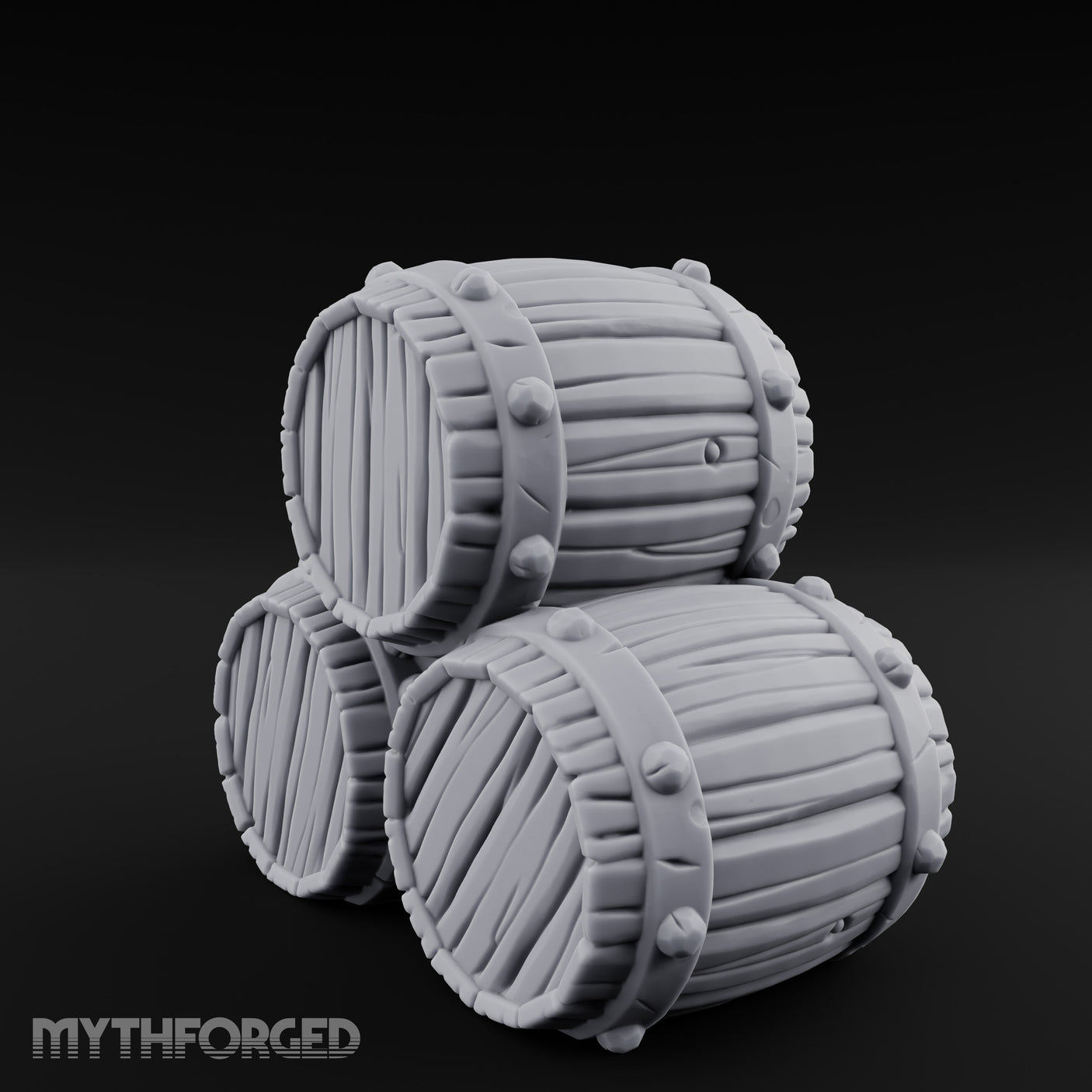 Plank-Grained Hoop-Rimmed Stacked Barrel Trio Miniature for Dungeons and Dragons, Pathfinder or other TTRPGs