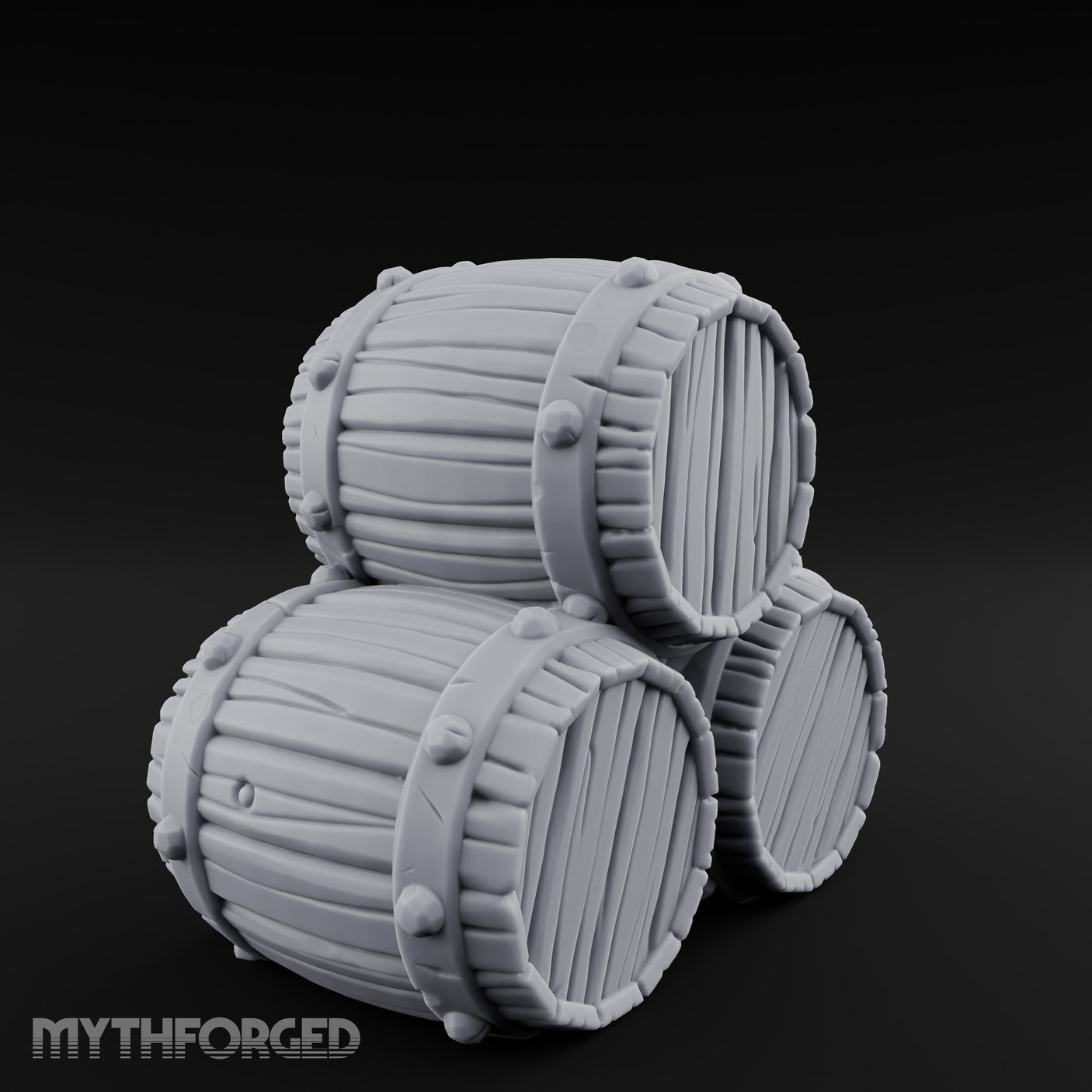 Plank-Grained Hoop-Rimmed Stacked Barrel Trio Miniature for Dungeons and Dragons, Pathfinder or other TTRPGs