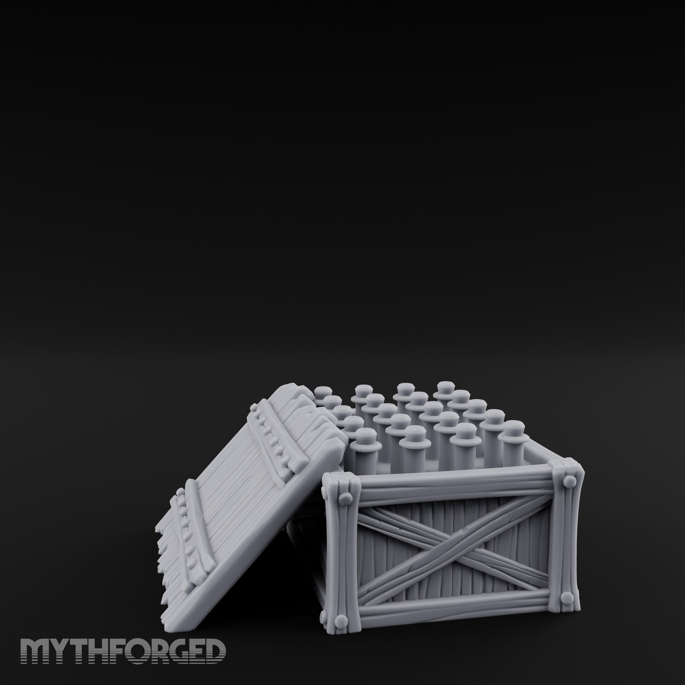 Plank-Sided Rivet-Banded Open Storage Crate Miniature for Dungeons and Dragons, Pathfinder or other TTRPGs