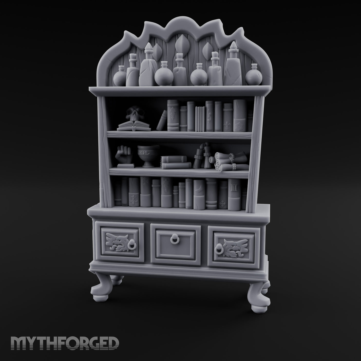 Potion-Crowned Scroll-Stuffed Wizard's Apothecary Bookcase Miniature for Dungeons and Dragons, Pathfinder or other TTRPGs