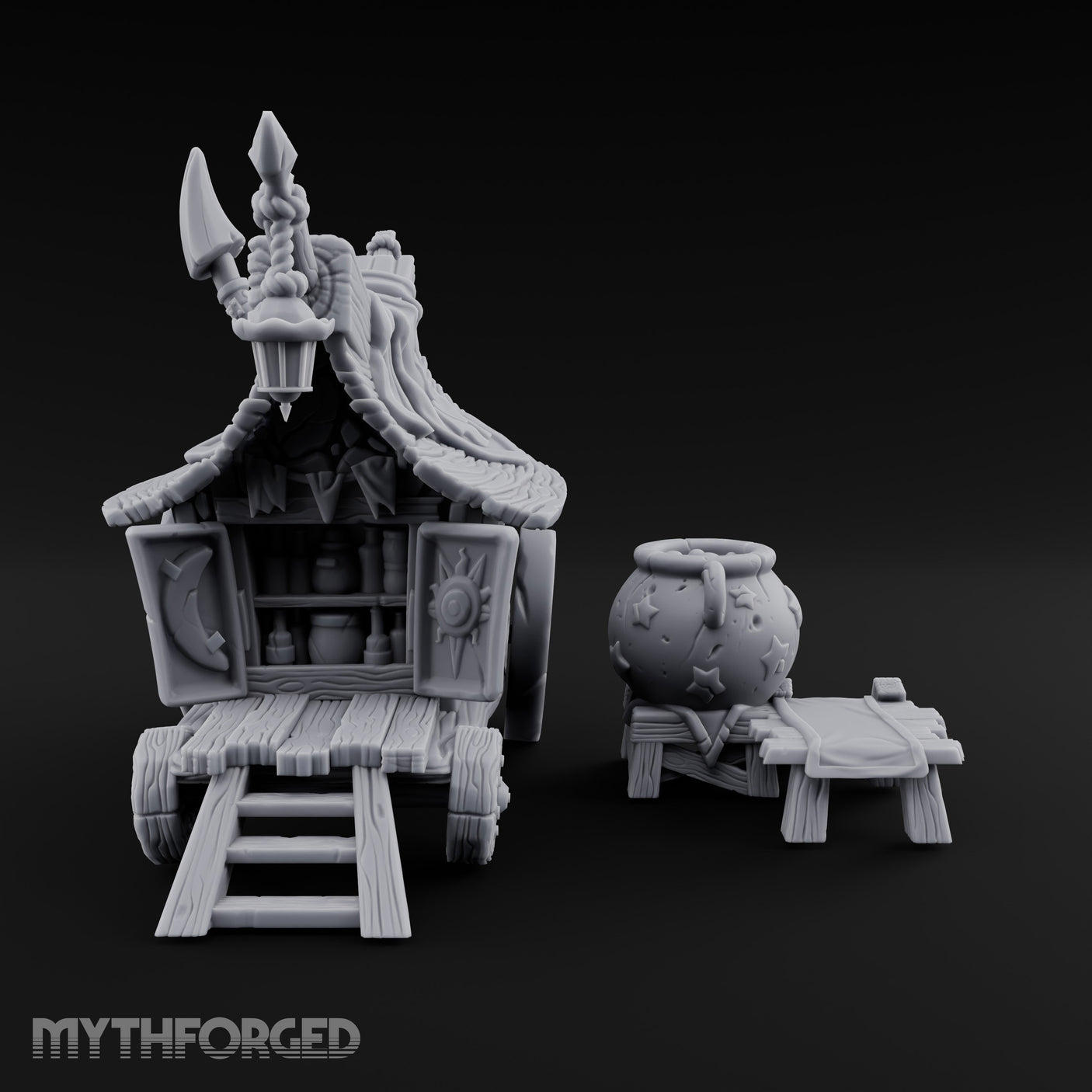 Potion-Stocked Lantern-Topped Wandering Alchemist Cart Miniature for Dungeons and Dragons, Pathfinder or other TTRPGs