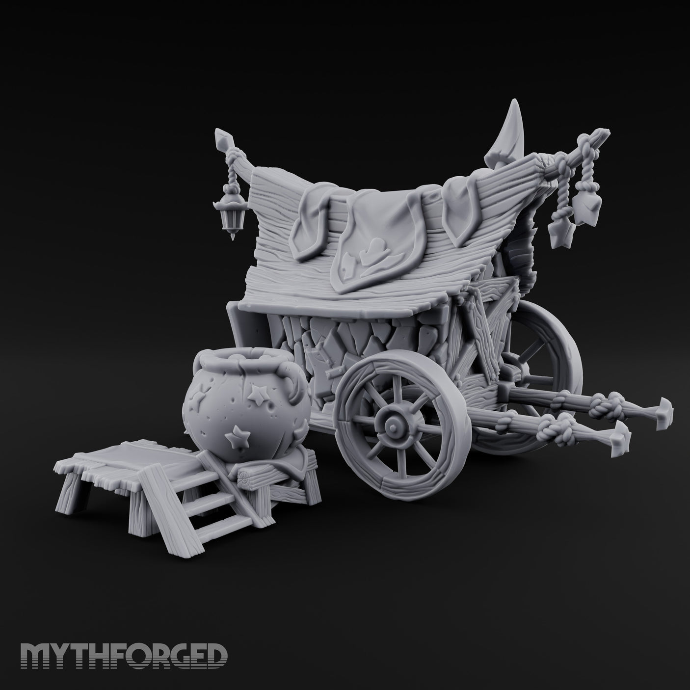 Potion-Stocked Lantern-Topped Wandering Alchemist Cart Miniature for Dungeons and Dragons, Pathfinder or other TTRPGs