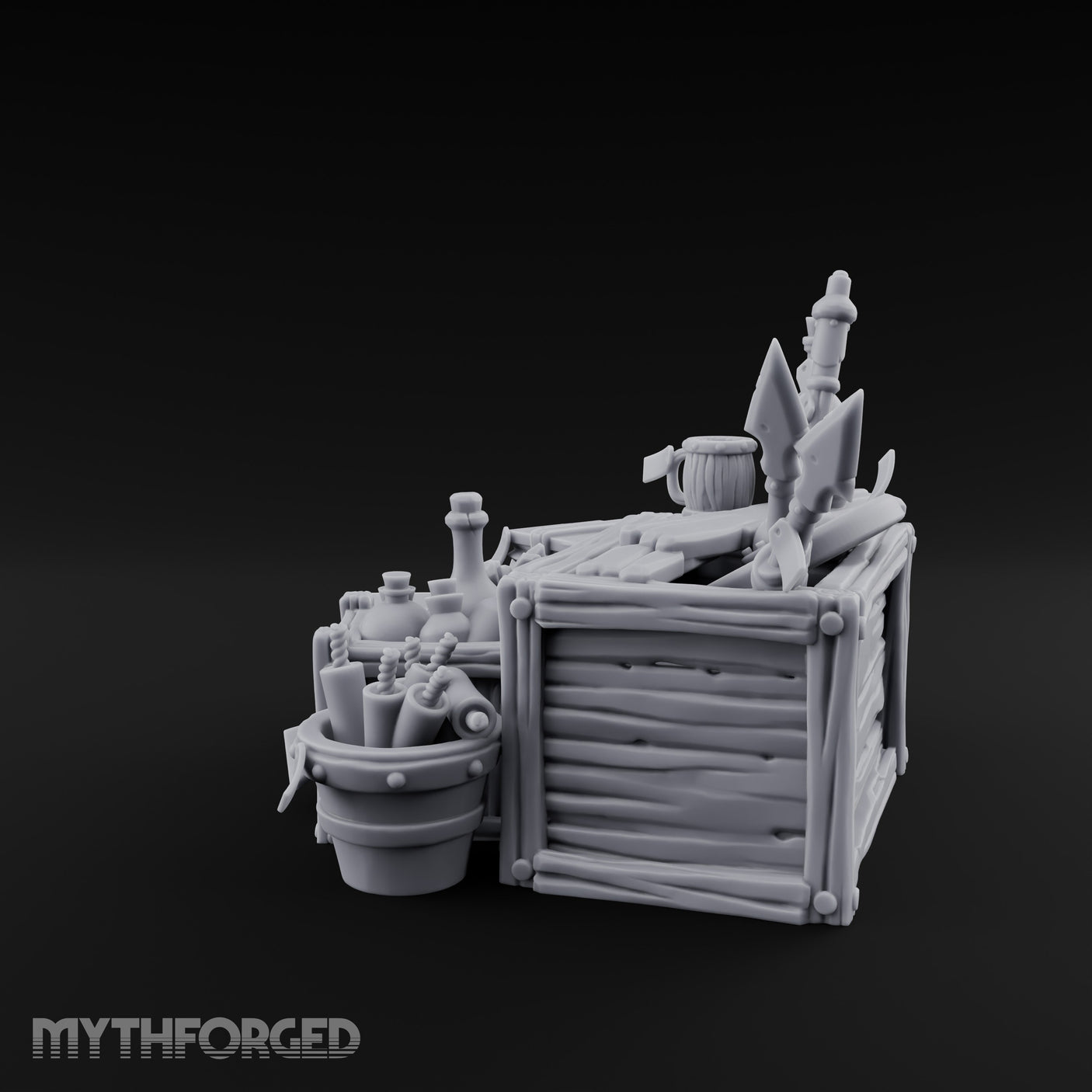 Potion-Stuffed Spear-Jutting Adventurer's Supply Crate Clutter Scene Miniature for Dungeons and Dragons, Pathfinder or other TTRPGs