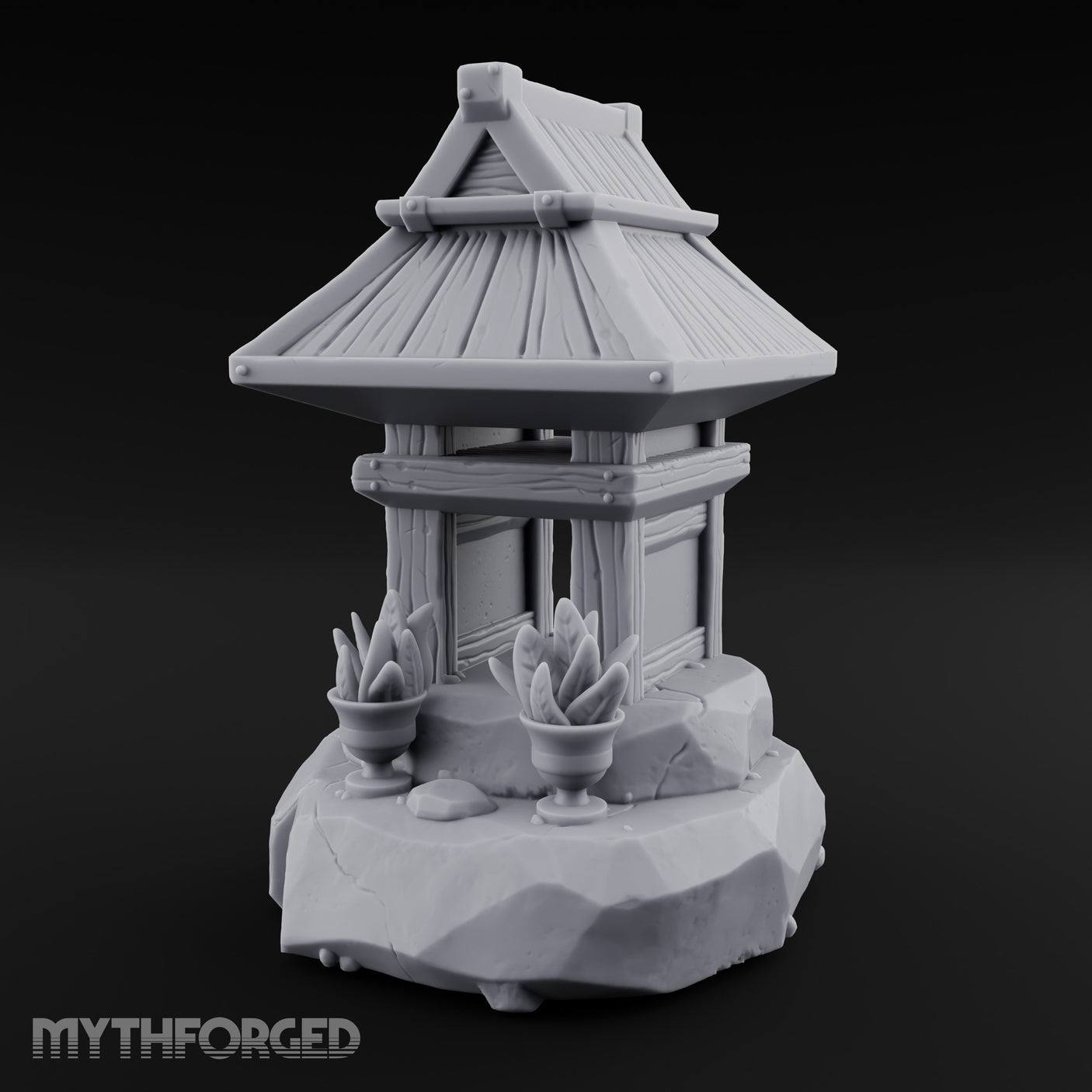 Potted-Plant Rocky-Based Japanese Wayside Shrine Altar Miniature for Dungeons and Dragons, Pathfinder or other TTRPGs