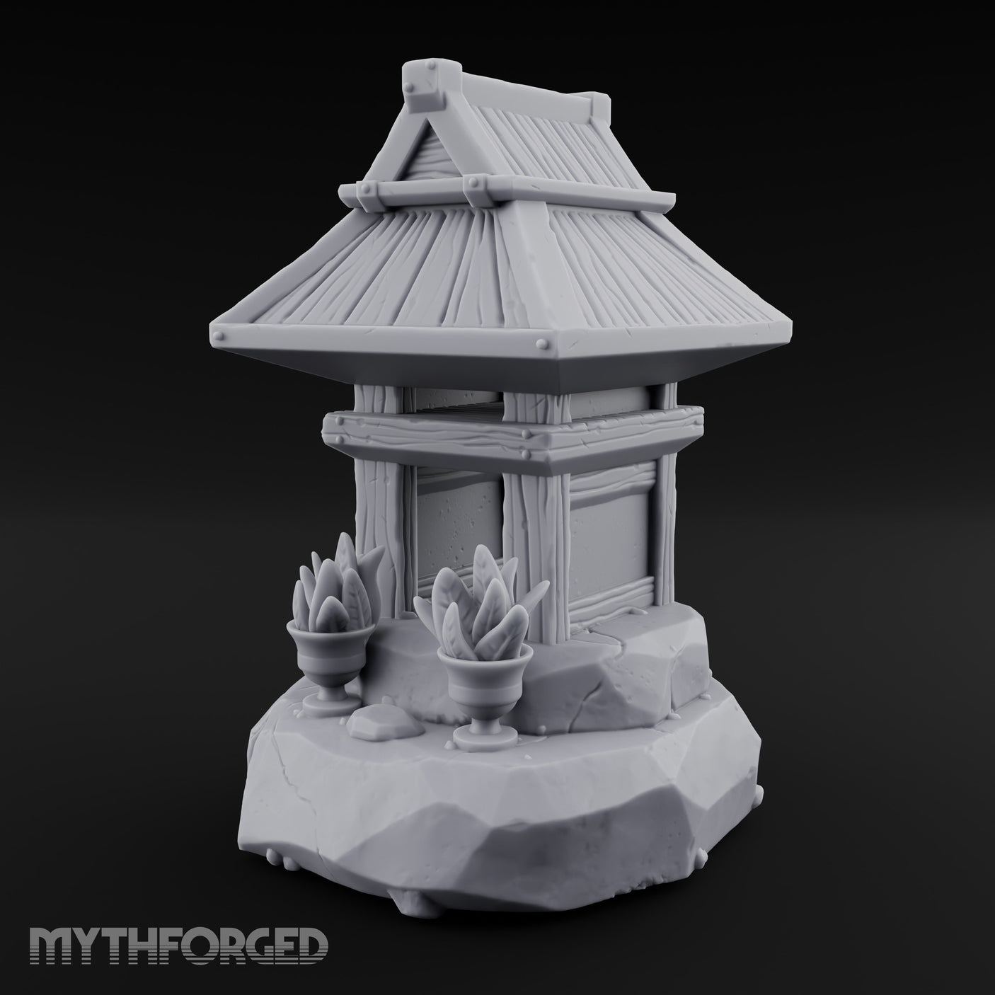 Potted-Plant Rocky-Based Japanese Wayside Shrine Altar Miniature for Dungeons and Dragons, Pathfinder or other TTRPGs