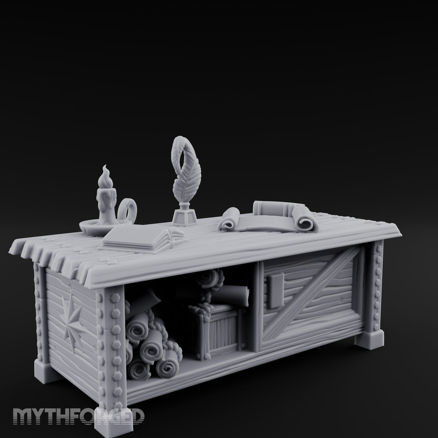 Quill-Inked Scroll-Stuffed Captain's Writing Desk Miniature for Dungeons and Dragons, Pathfinder or other TTRPGs