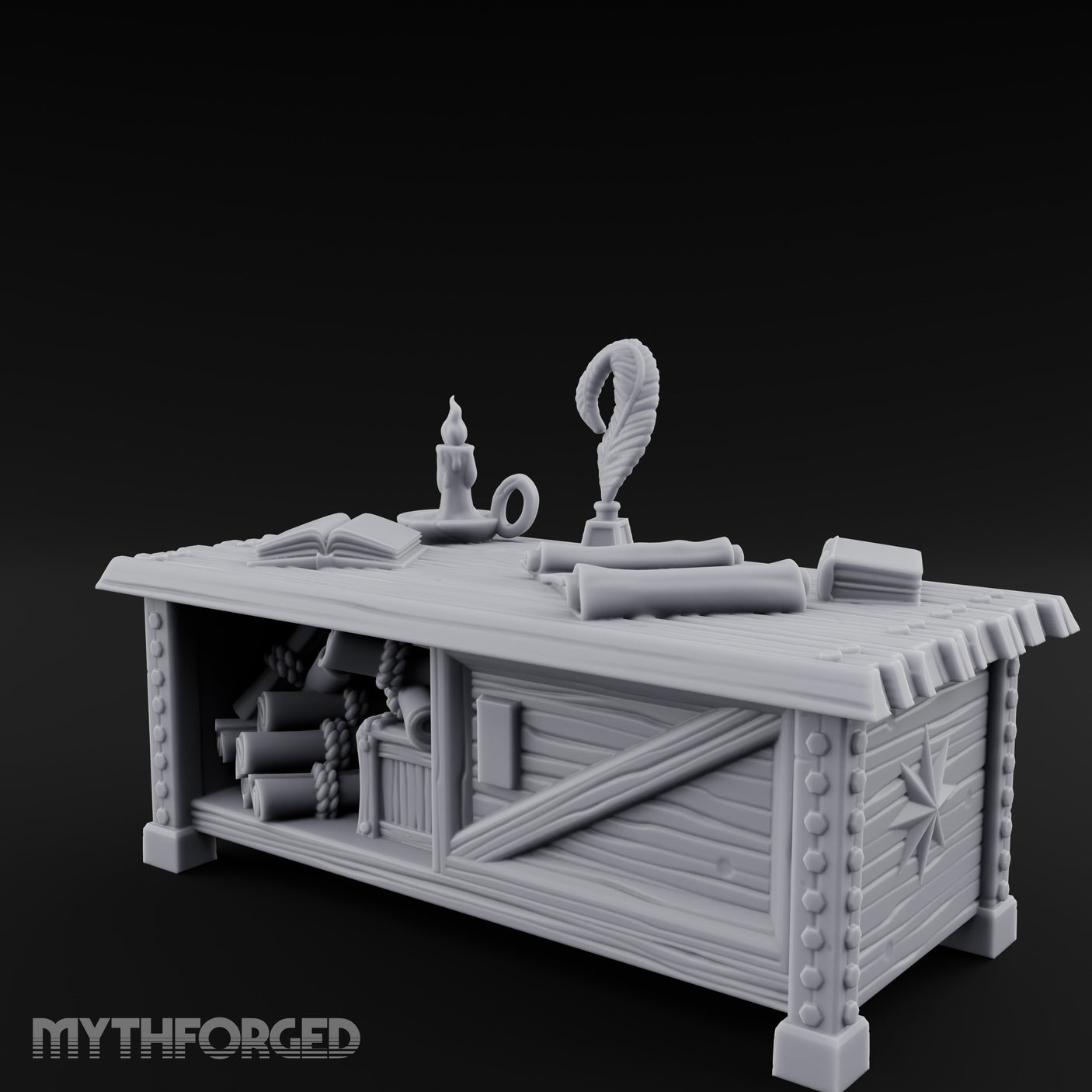 Quill-Inked Scroll-Stuffed Captain's Writing Desk Miniature for Dungeons and Dragons, Pathfinder or other TTRPGs