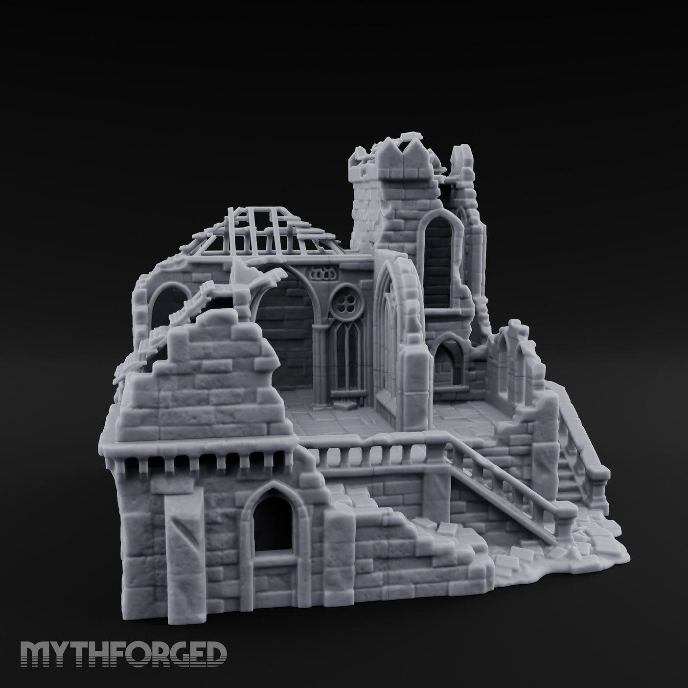 Rafter-Exposed Rose-Windowed Gothic Cathedral Ruins Miniature for Dungeons and Dragons, Pathfinder or other TTRPGs