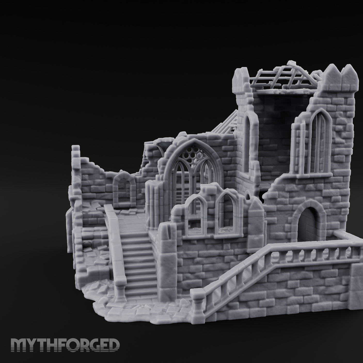 Rafter-Exposed Rose-Windowed Gothic Cathedral Ruins Miniature for Dungeons and Dragons, Pathfinder or other TTRPGs