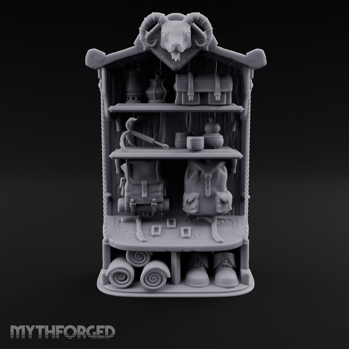 Ram-Skull Topped Pack-Laden Adventurer's Shop Shelf Miniature for Dungeons and Dragons, Pathfinder or other TTRPGs