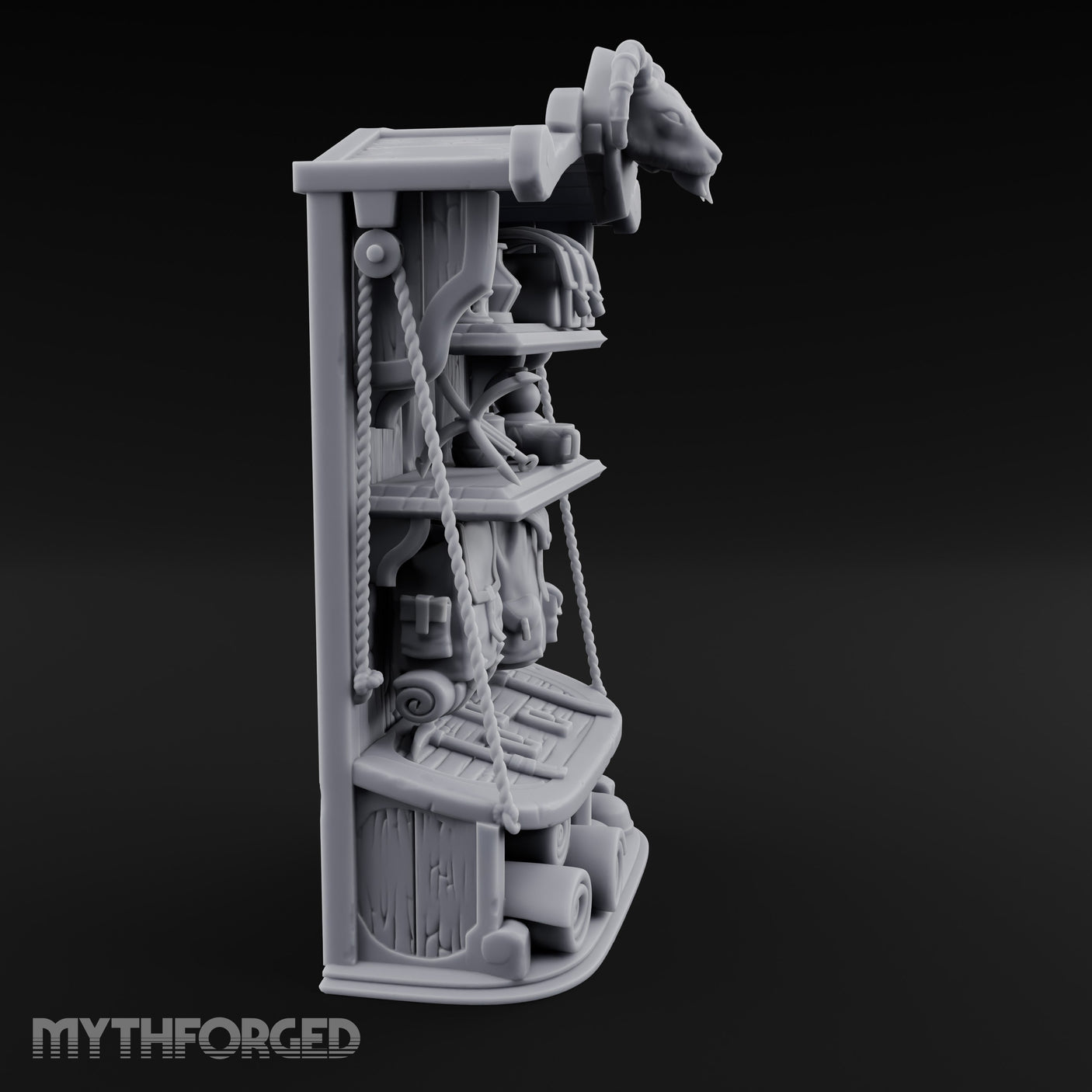 Ram-Skull Topped Pack-Laden Adventurer's Shop Shelf Miniature for Dungeons and Dragons, Pathfinder or other TTRPGs