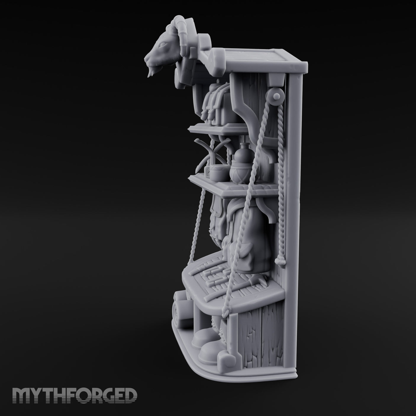Ram-Skull Topped Pack-Laden Adventurer's Shop Shelf Miniature for Dungeons and Dragons, Pathfinder or other TTRPGs