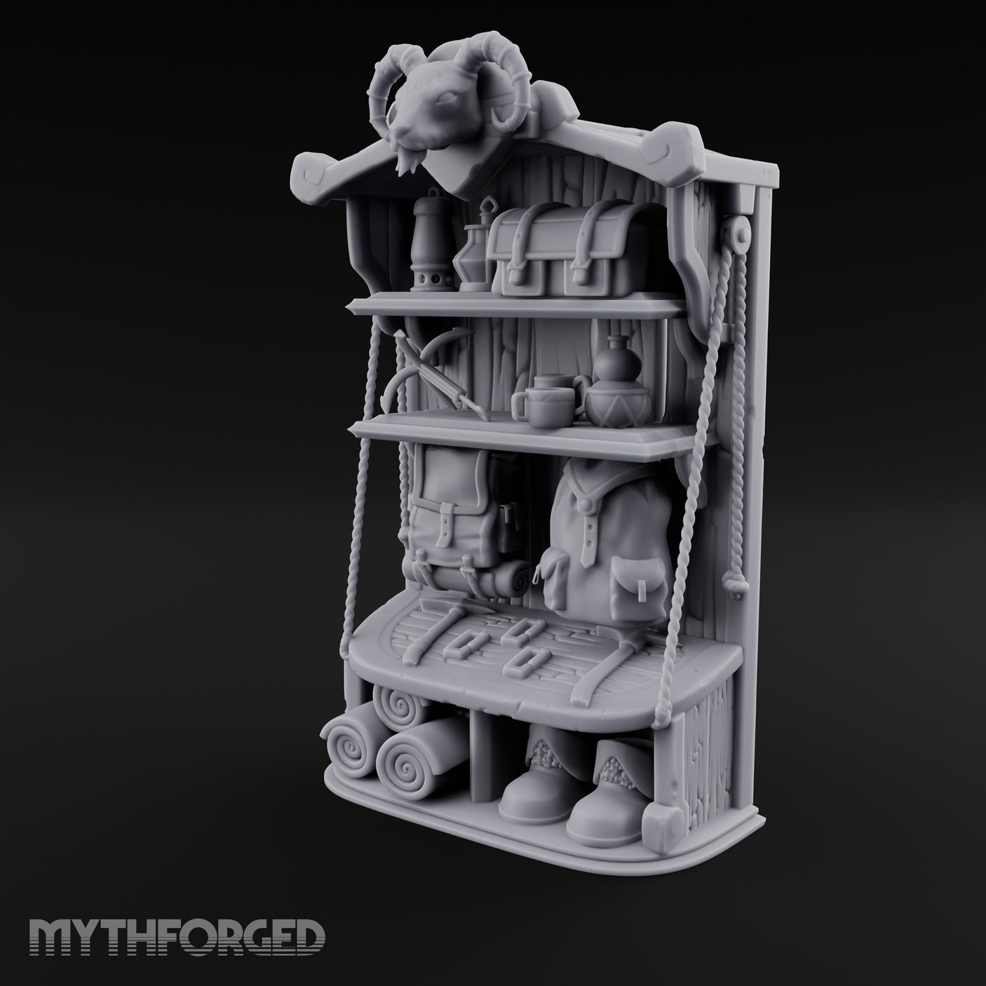 Ram-Skull Topped Pack-Laden Adventurer's Shop Shelf Miniature for Dungeons and Dragons, Pathfinder or other TTRPGs