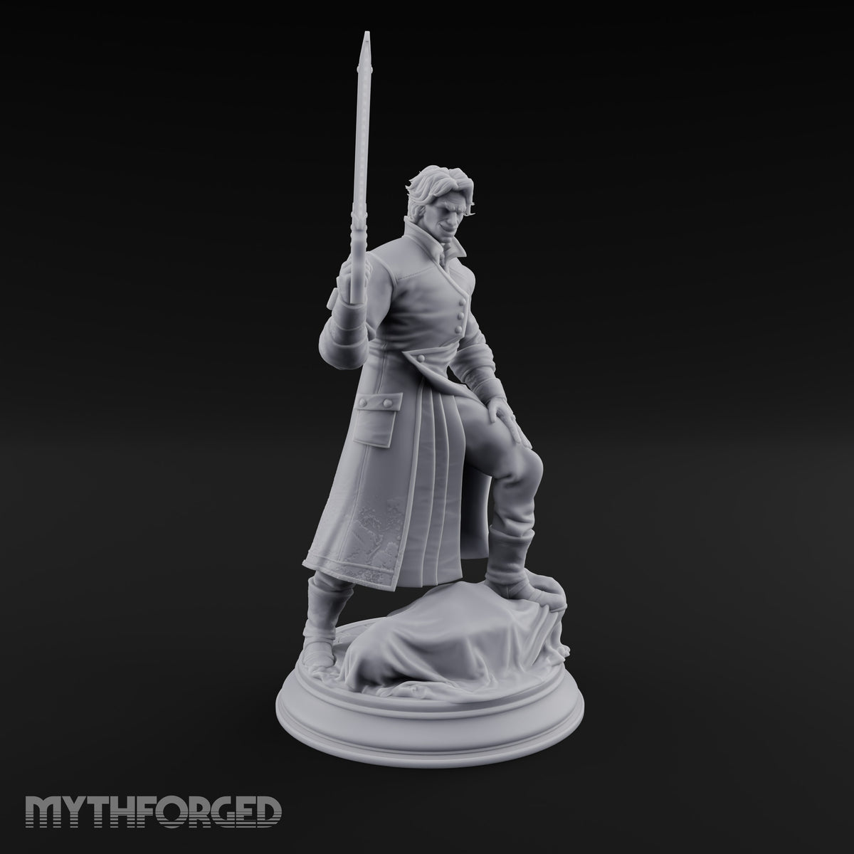 Grinning Over the Cut Human Man with Serrated Cleaver Blade and Long Greatcoat