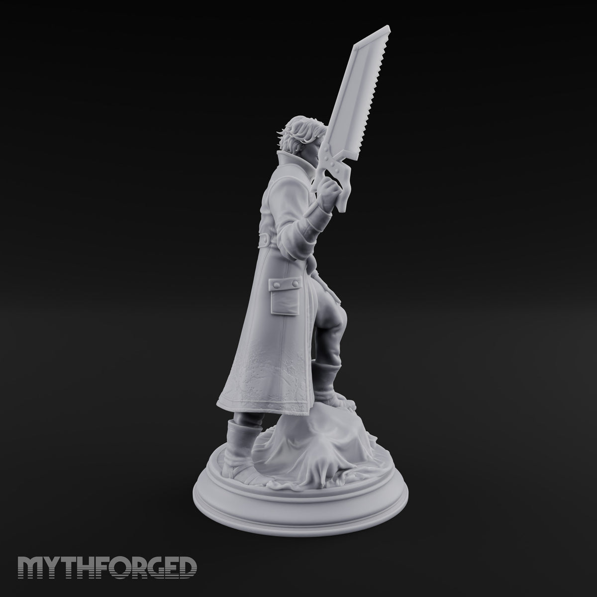 Grinning Over the Cut Human Man with Serrated Cleaver Blade and Long Greatcoat