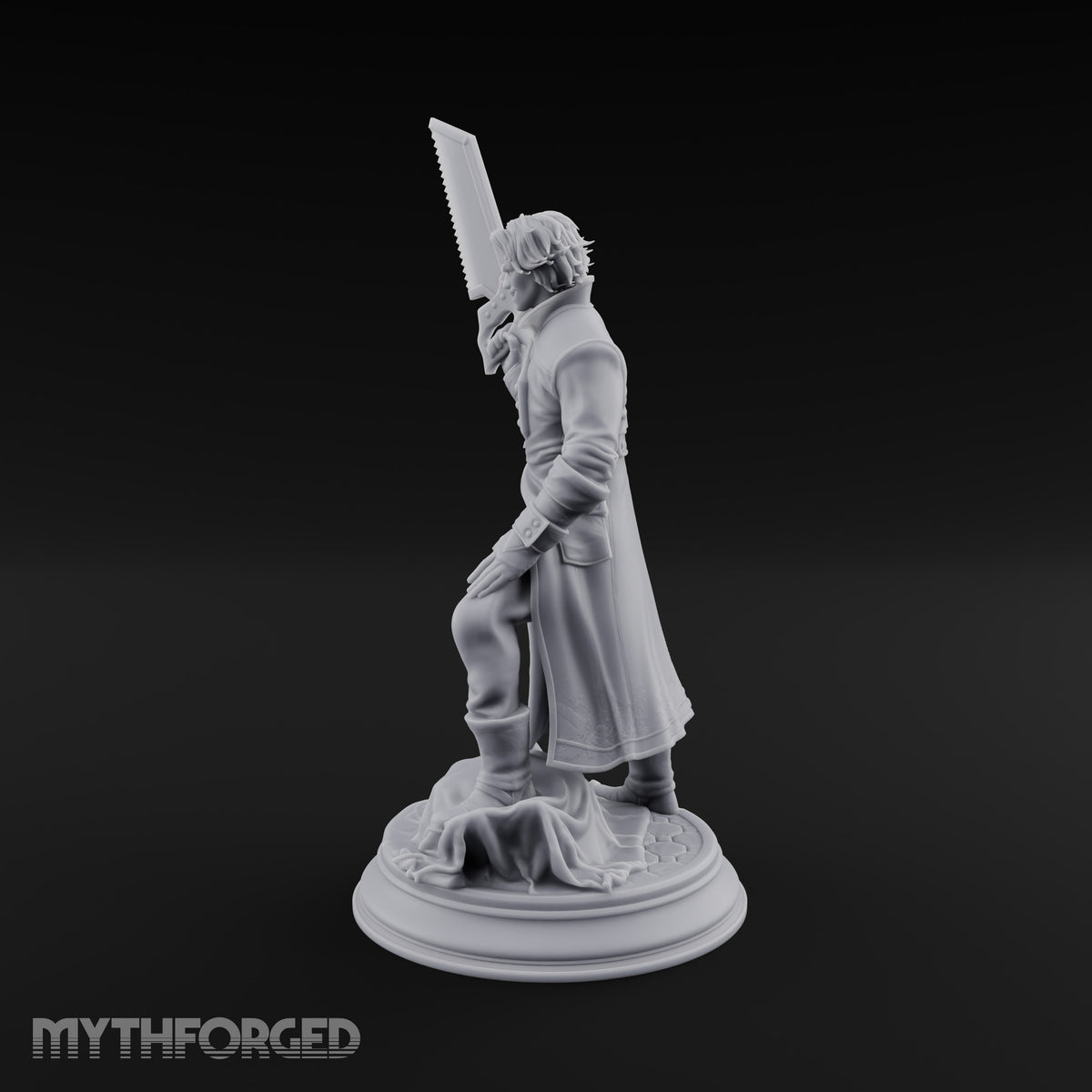 Grinning Over the Cut Human Man with Serrated Cleaver Blade and Long Greatcoat