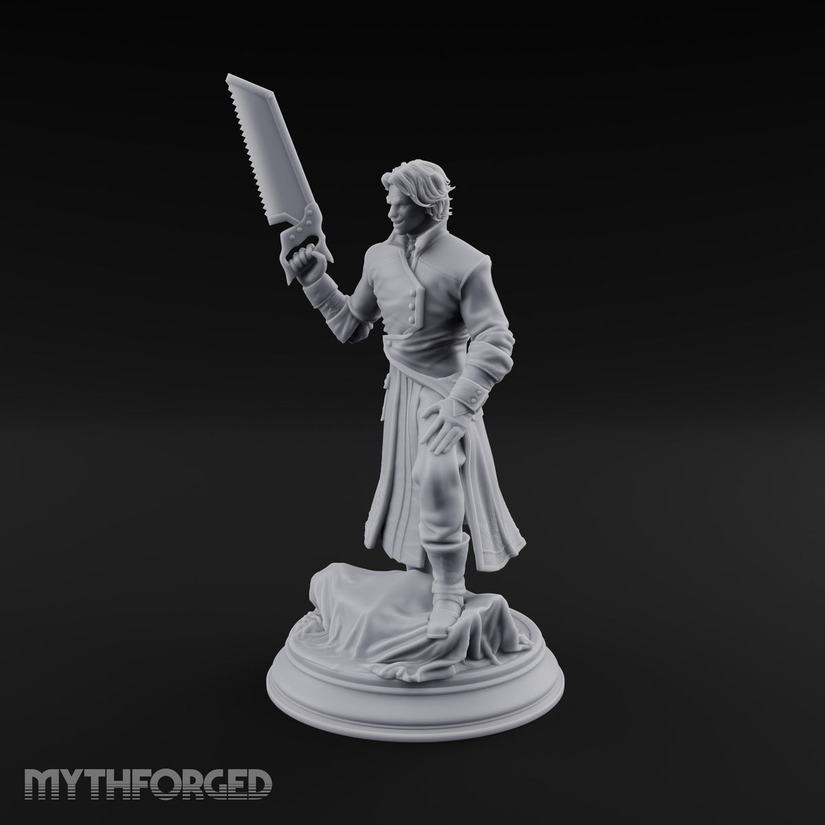 Grinning Over the Cut Human Man with Serrated Cleaver Blade and Long Greatcoat