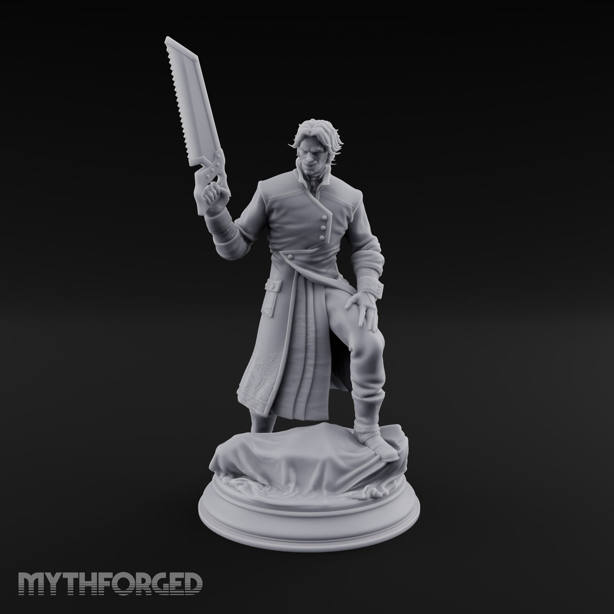 Grinning Over the Cut Human Man with Serrated Cleaver Blade and Long Greatcoat