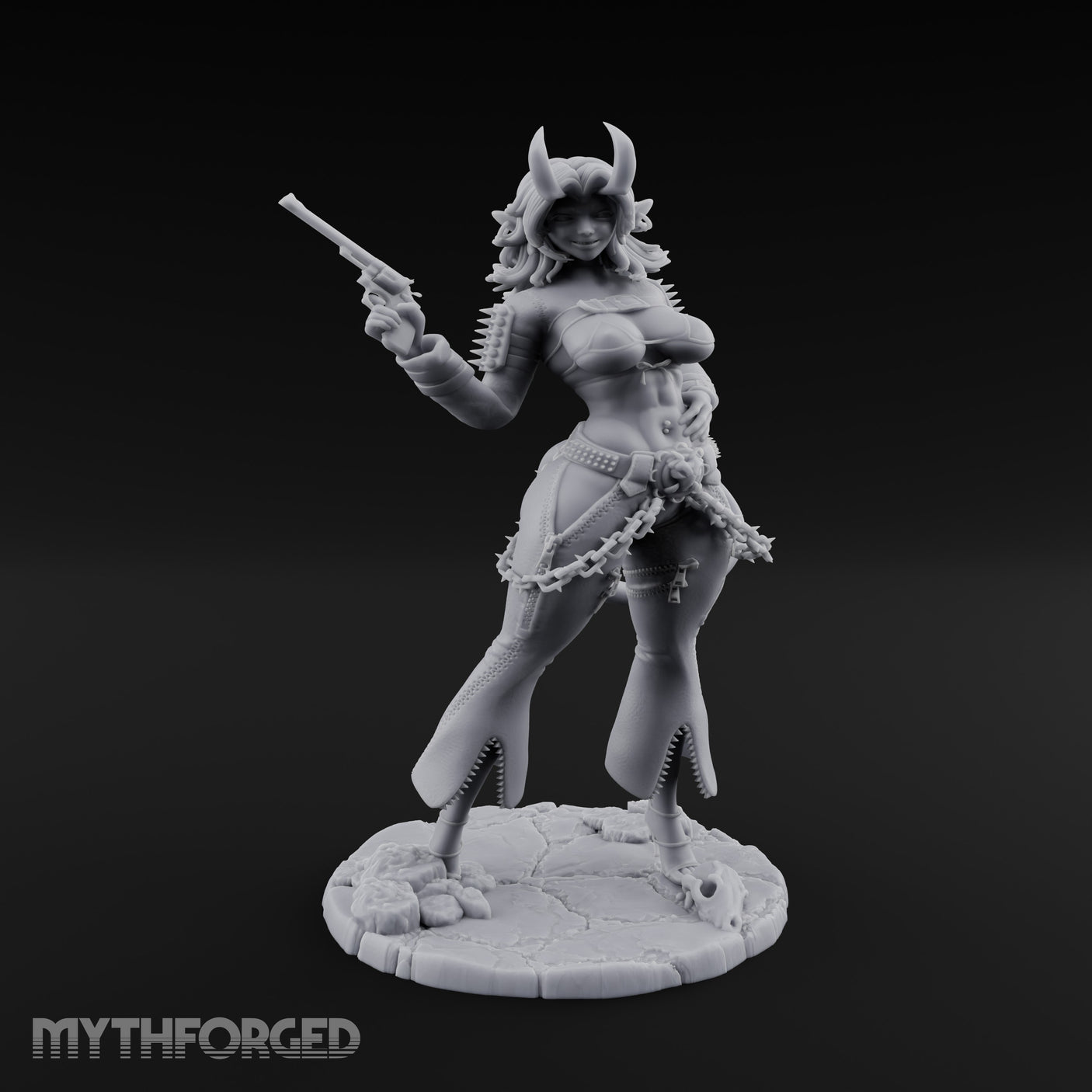 Revolver Raised Smirking Tiefling Gunslinger Miniature for Dungeons and Dragons, Pathfinder or other TTRPGs