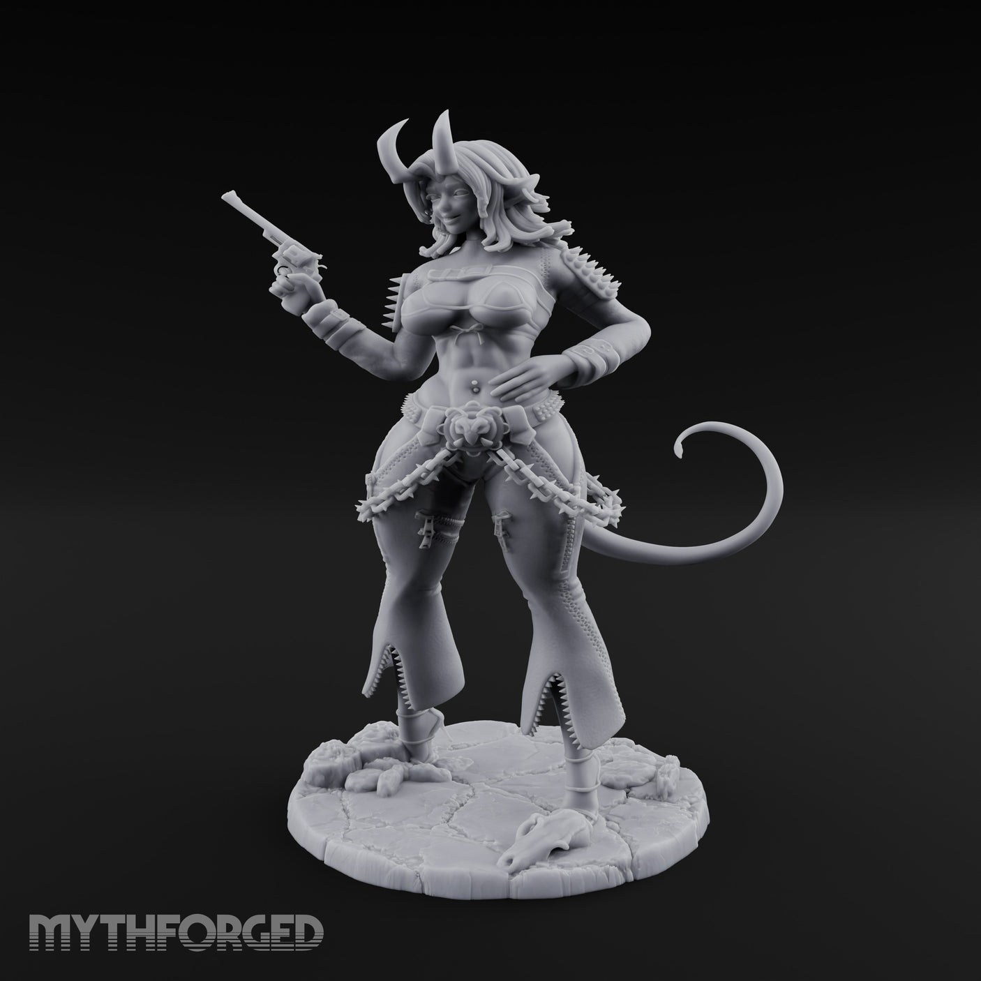 Revolver Raised Smirking Tiefling Gunslinger Miniature for Dungeons and Dragons, Pathfinder or other TTRPGs