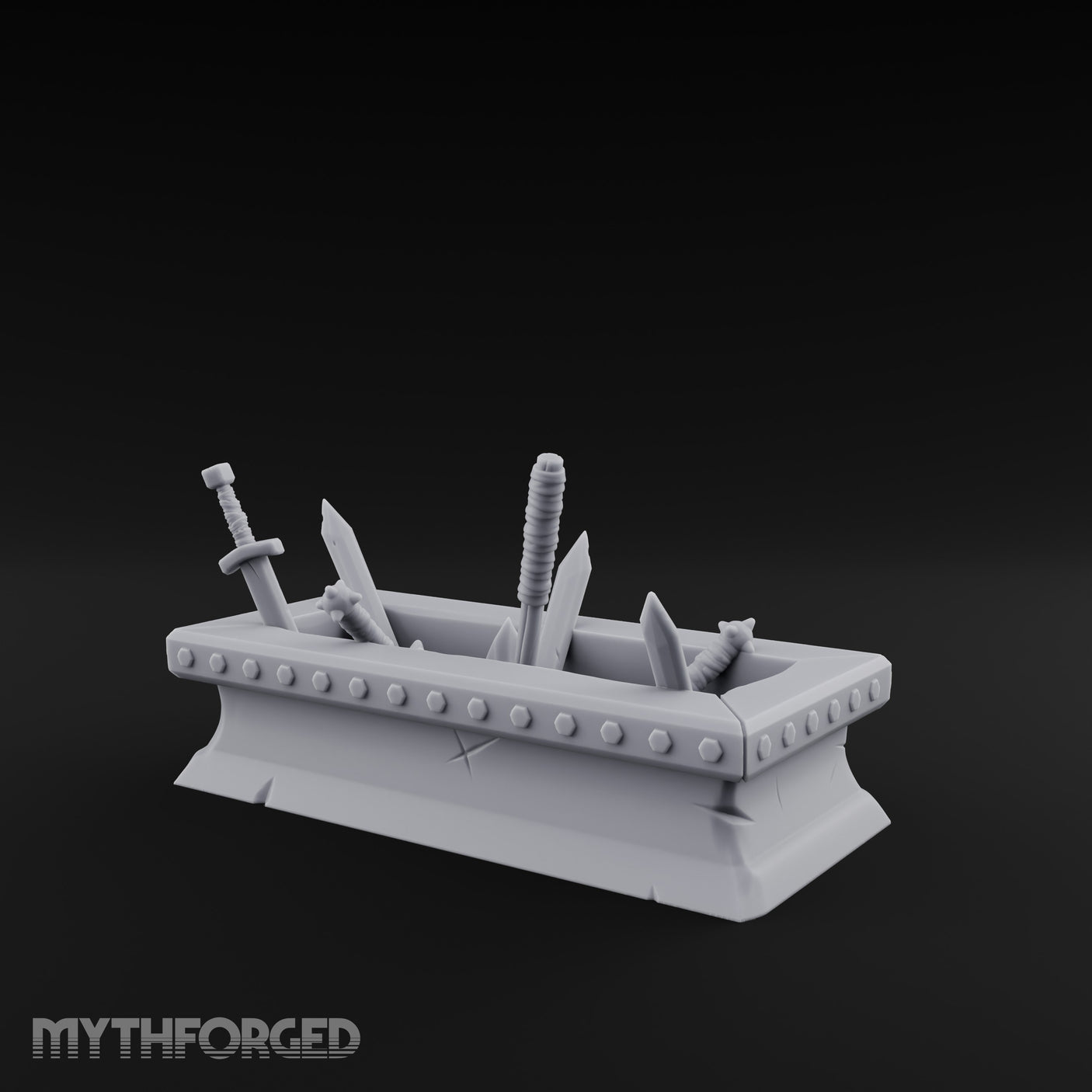 Rivet-Studded Blade-Filled Armory Weapon Trough Miniature for Dungeons and Dragons, Pathfinder or other TTRPGs