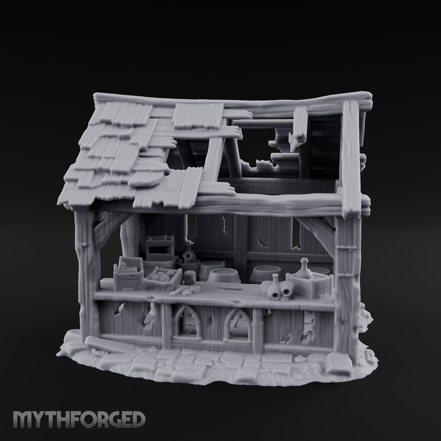 Roof-Holed Shelf-Stocked Abandoned Market Stall Ruins Miniature for Dungeons and Dragons, Pathfinder or other TTRPGs