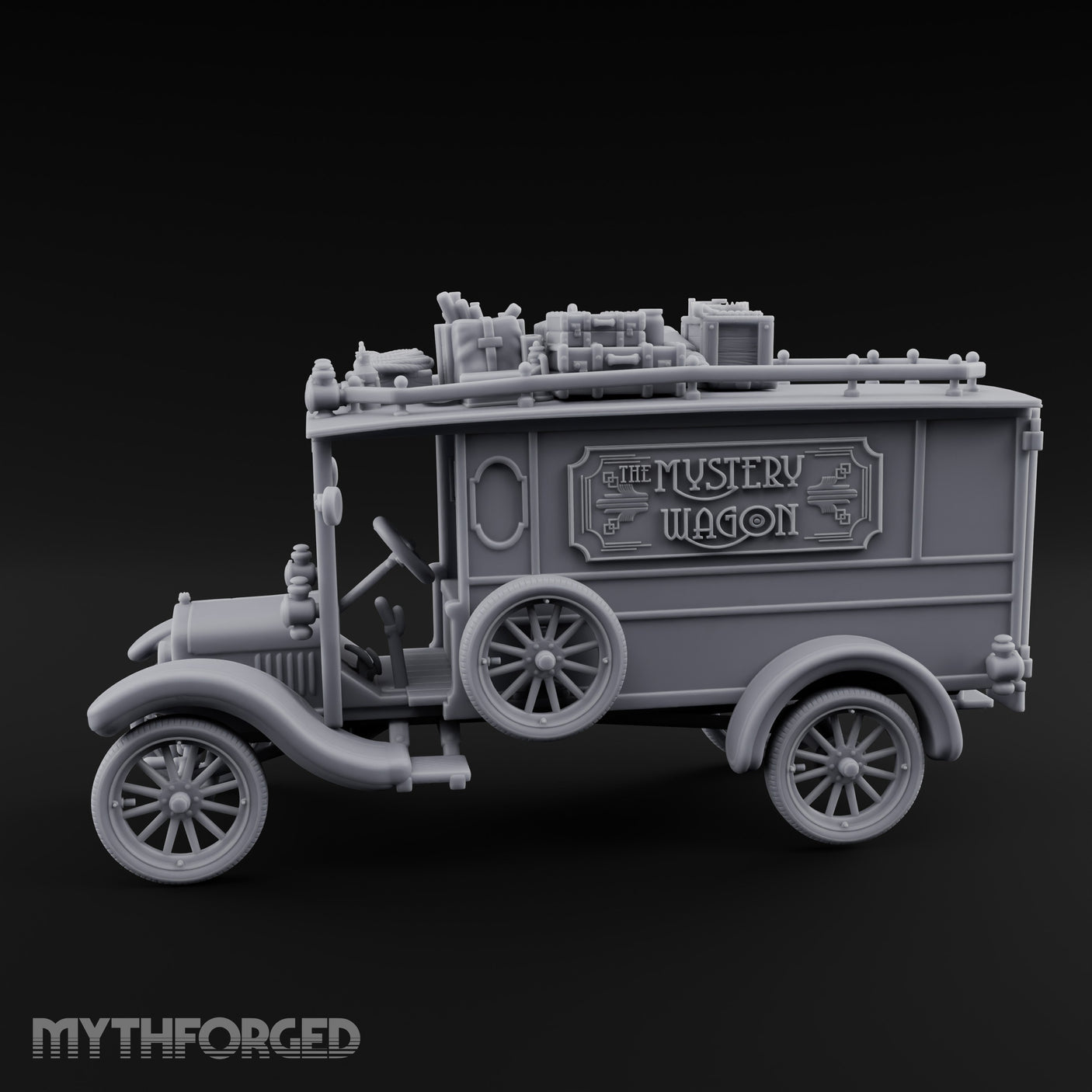 Roof-Laden Sign-Emblazoned Mystery Wagon Miniature for Dungeons and Dragons, Pathfinder or other TTRPGs