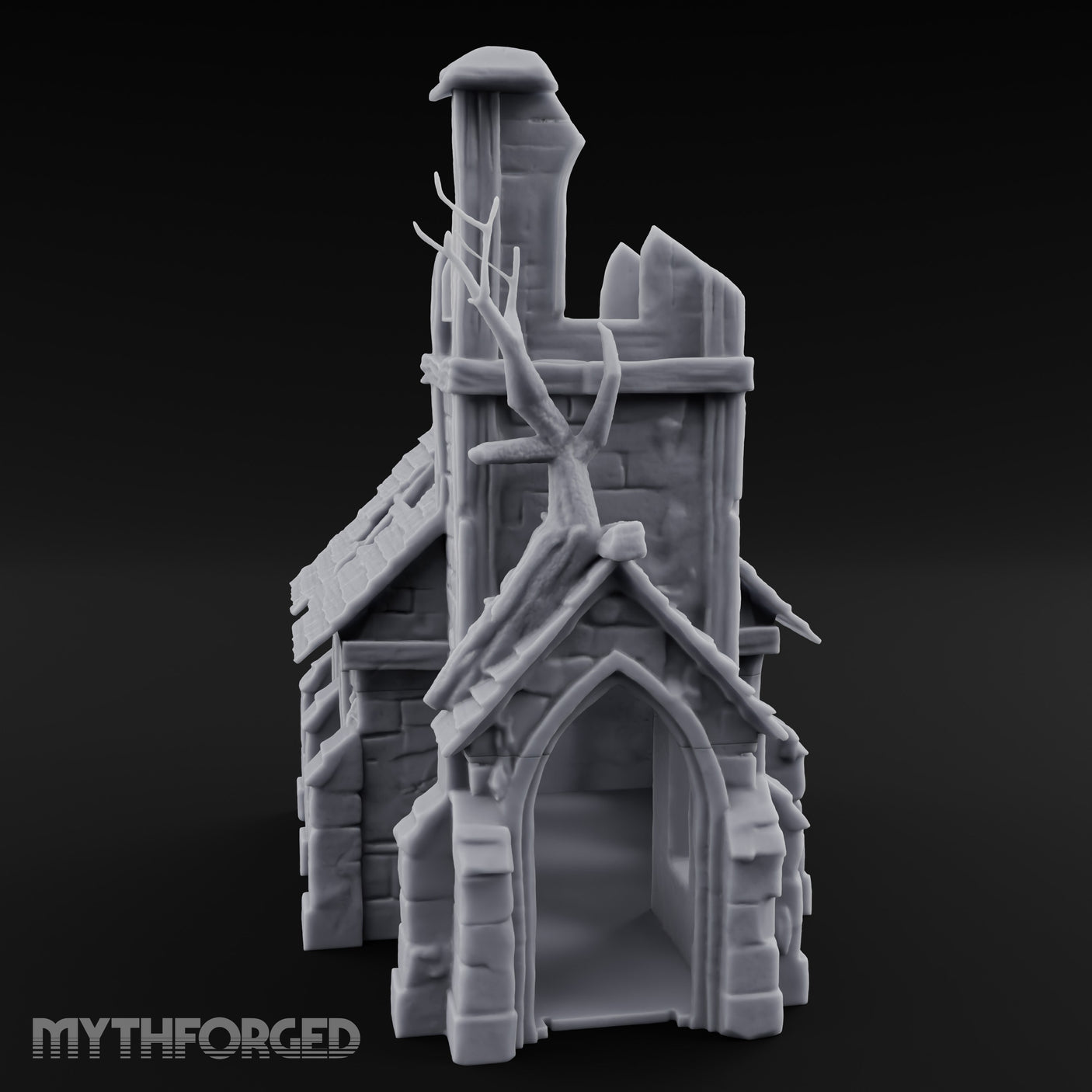Root-Entwined Tower-Sheared Gothic Chapel Ruins Miniature for Dungeons and Dragons, Pathfinder or other TTRPGs