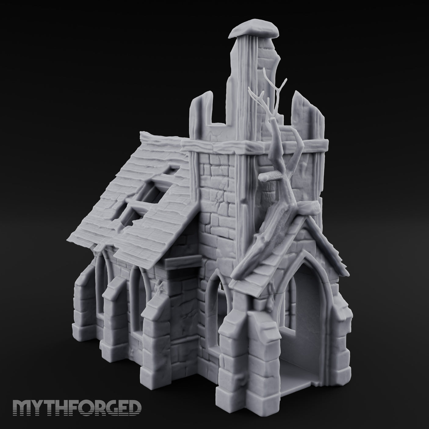 Root-Entwined Tower-Sheared Gothic Chapel Ruins Miniature for Dungeons and Dragons, Pathfinder or other TTRPGs