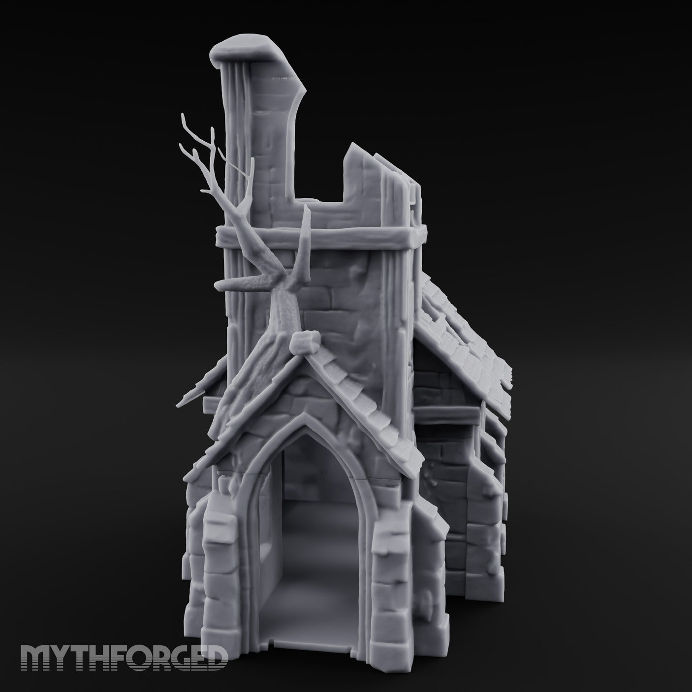 Root-Entwined Tower-Sheared Gothic Chapel Ruins Miniature for Dungeons and Dragons, Pathfinder or other TTRPGs