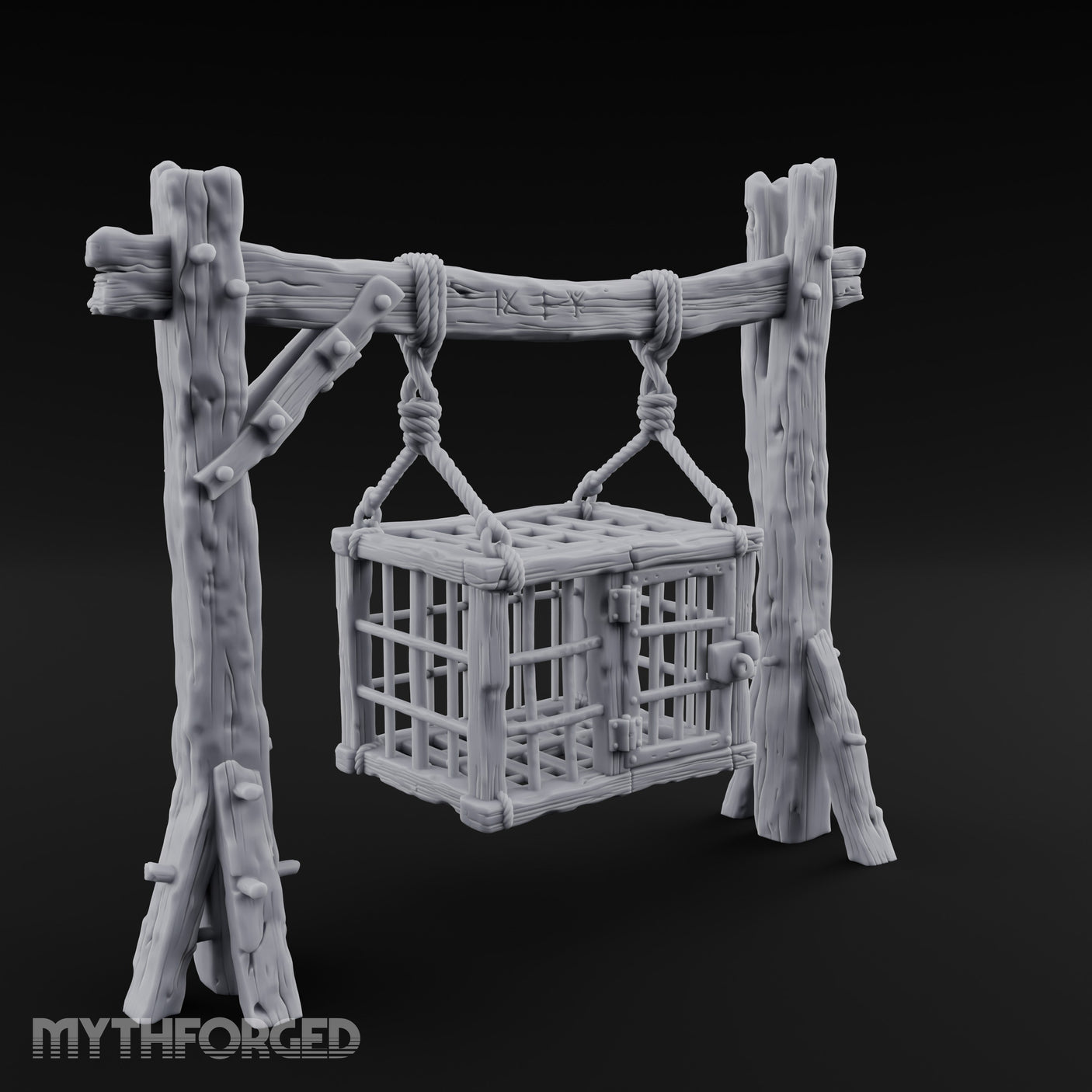 Rope-Bound Rune-Carved Hanging Prisoner Cage Miniature for Dungeons and Dragons, Pathfinder or other TTRPGs