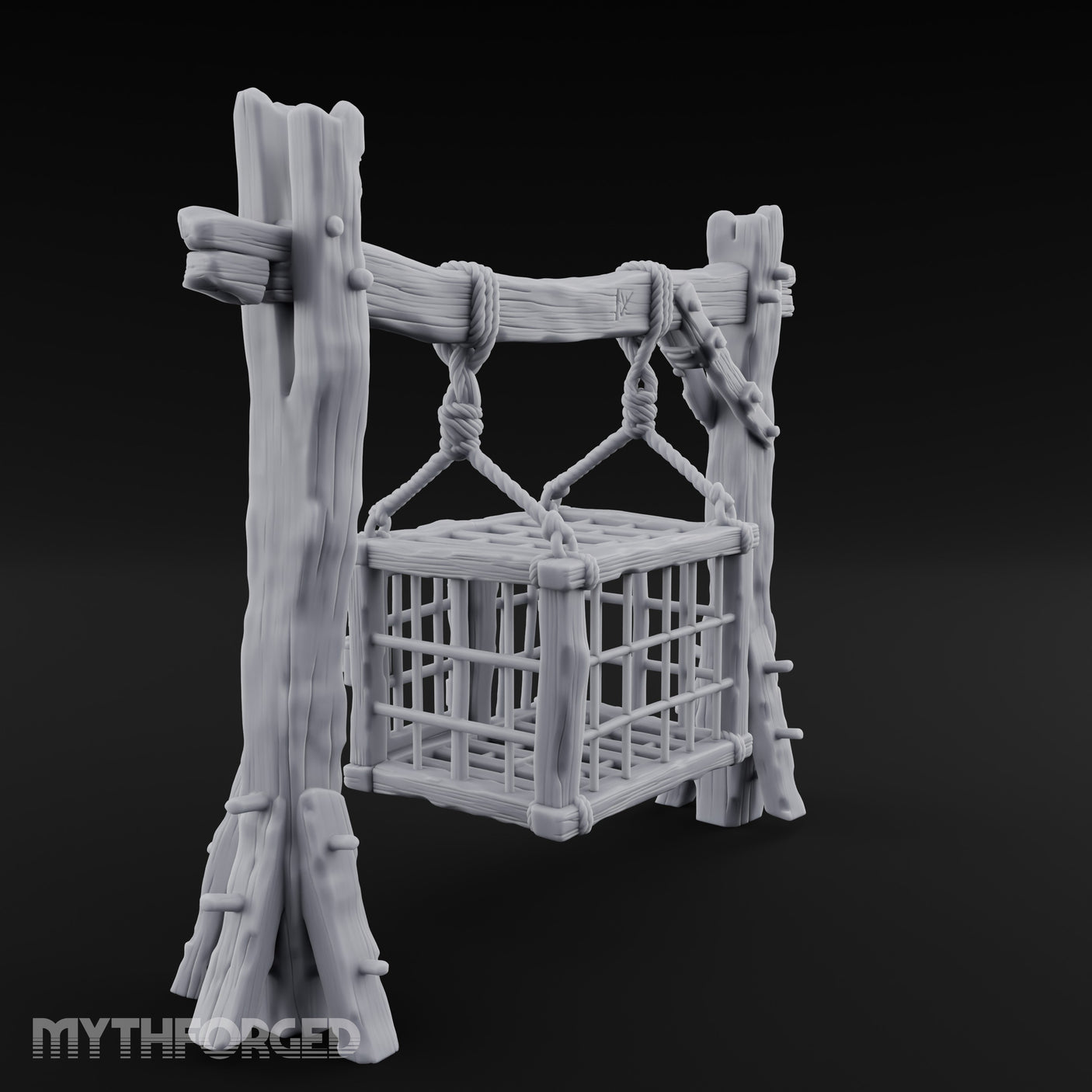 Rope-Bound Rune-Carved Hanging Prisoner Cage Miniature for Dungeons and Dragons, Pathfinder or other TTRPGs