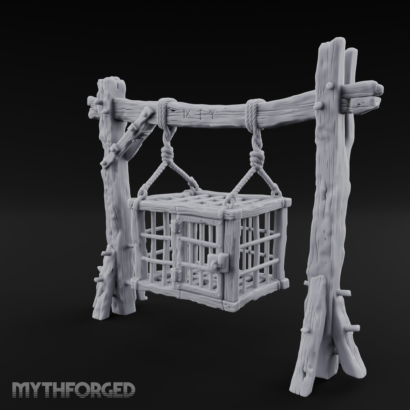 Rope-Bound Rune-Carved Hanging Prisoner Cage Miniature for Dungeons and Dragons, Pathfinder or other TTRPGs