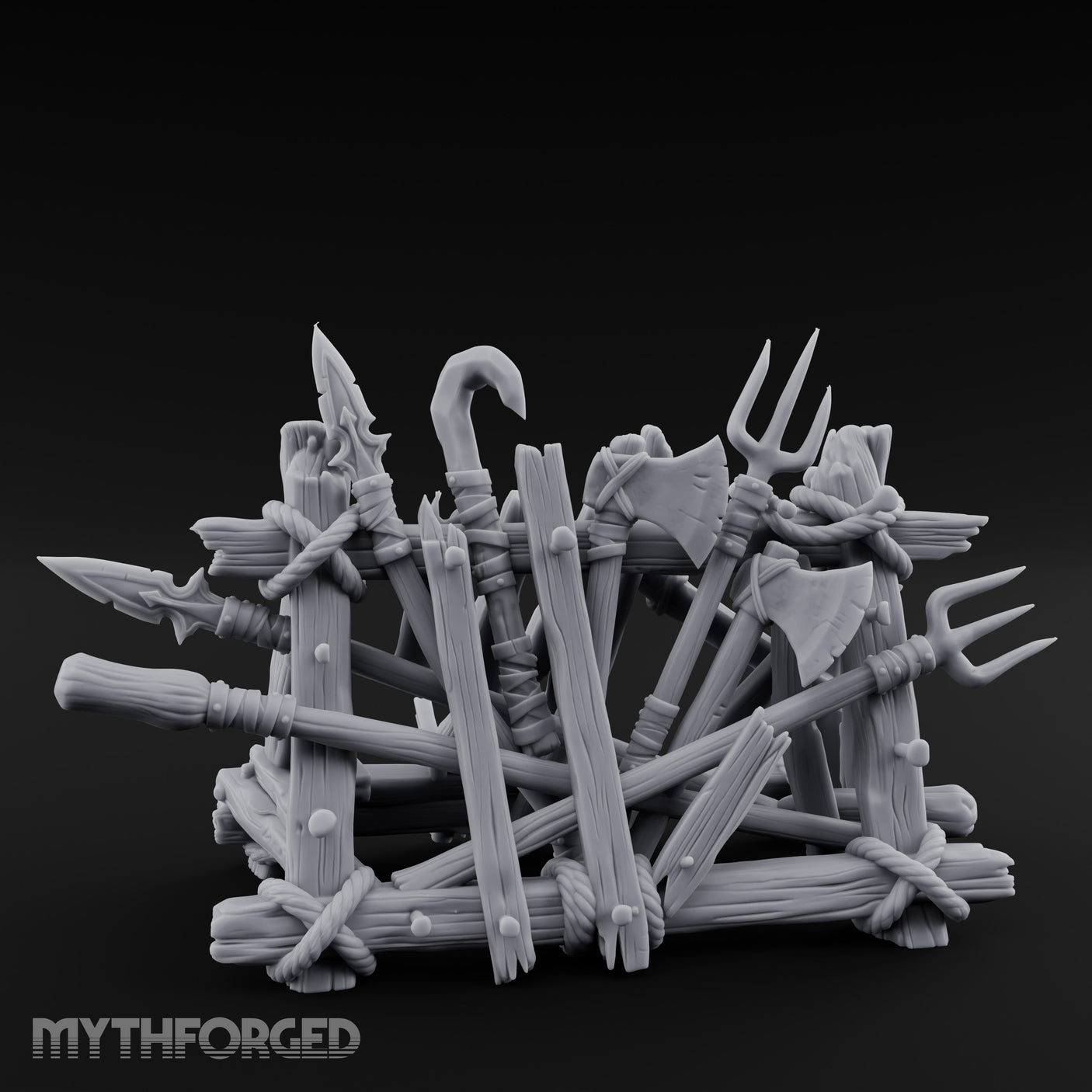 Rope-Crossed Axe-Bristling Tribal Weapon Stand Miniature for Dungeons and Dragons, Pathfinder or other TTRPGs
