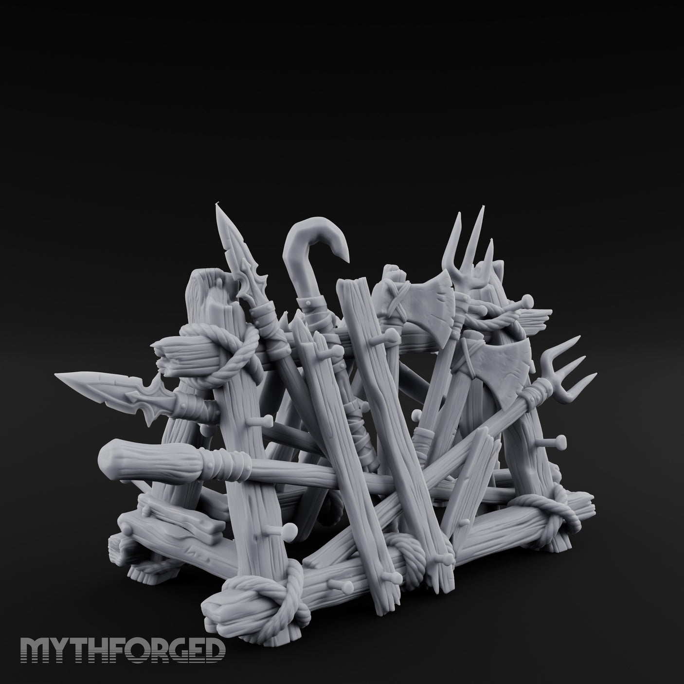 Rope-Crossed Axe-Bristling Tribal Weapon Stand Miniature for Dungeons and Dragons, Pathfinder or other TTRPGs
