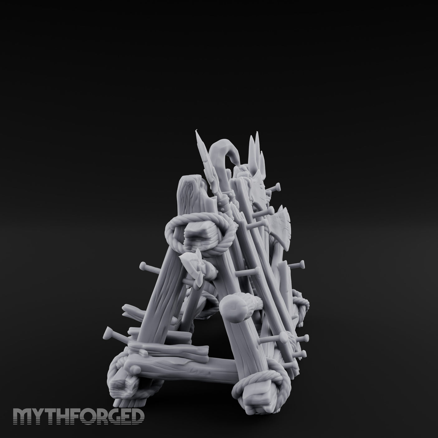 Rope-Crossed Axe-Bristling Tribal Weapon Stand Miniature for Dungeons and Dragons, Pathfinder or other TTRPGs