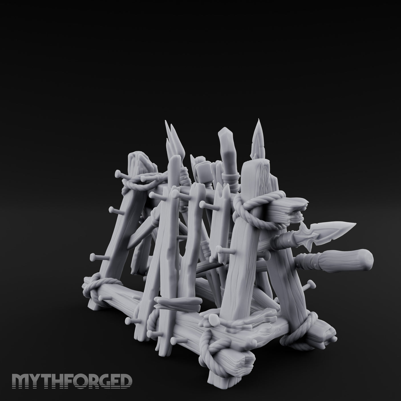 Rope-Crossed Axe-Bristling Tribal Weapon Stand Miniature for Dungeons and Dragons, Pathfinder or other TTRPGs