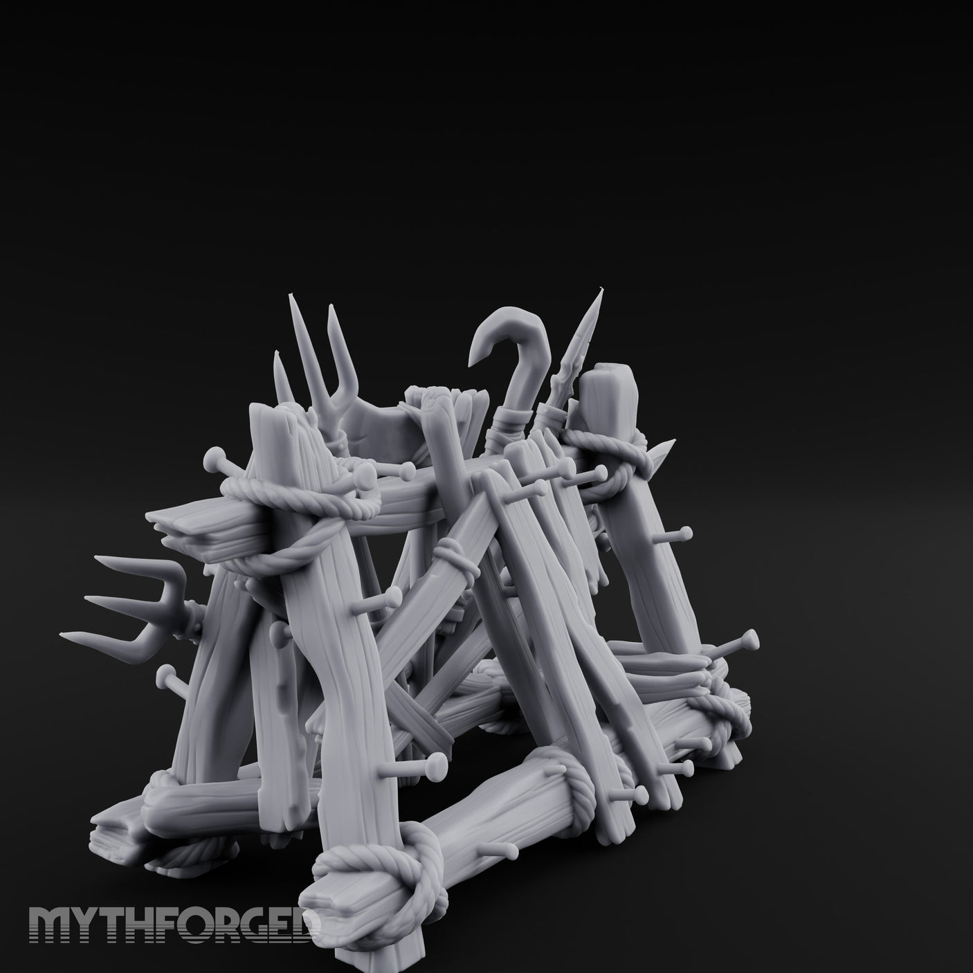 Rope-Crossed Axe-Bristling Tribal Weapon Stand Miniature for Dungeons and Dragons, Pathfinder or other TTRPGs