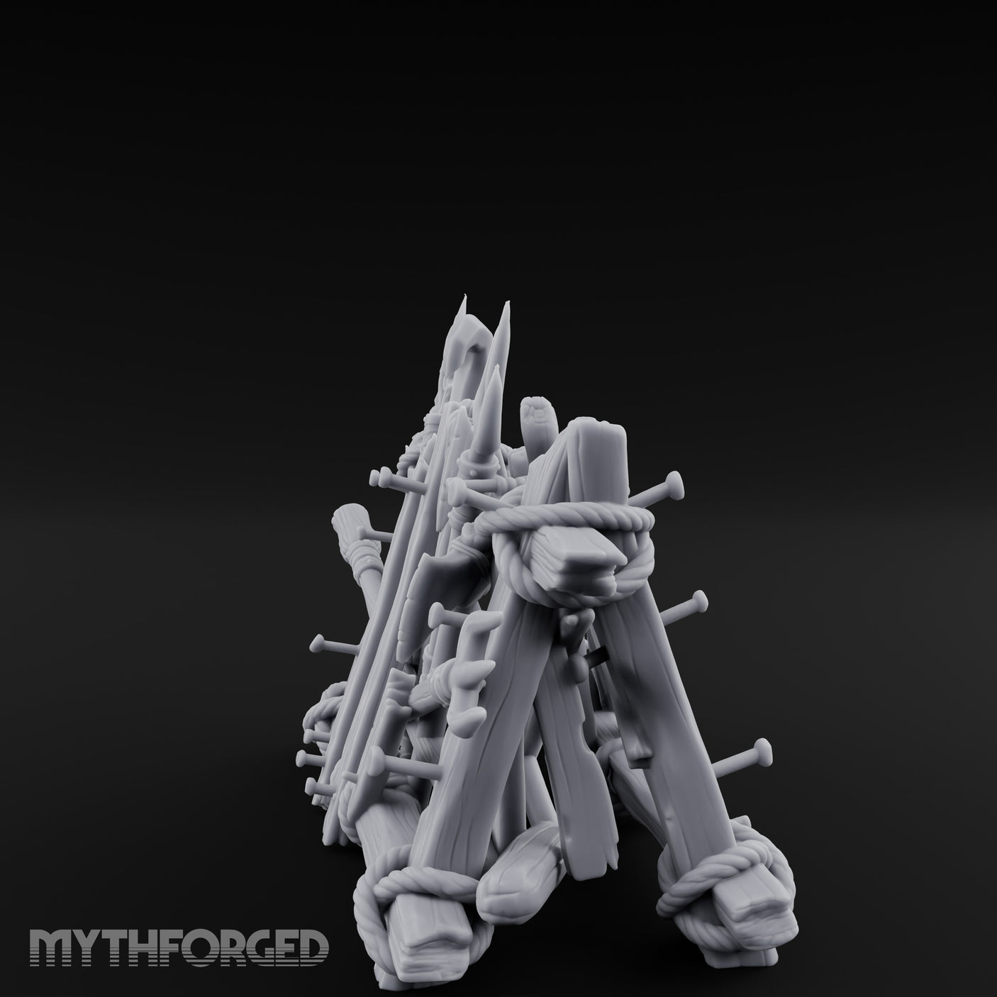 Rope-Crossed Axe-Bristling Tribal Weapon Stand Miniature for Dungeons and Dragons, Pathfinder or other TTRPGs