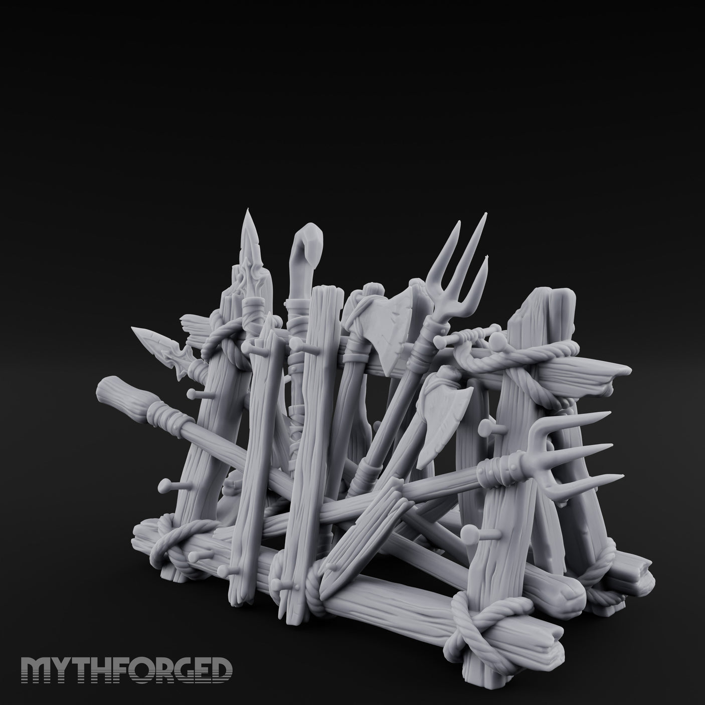 Rope-Crossed Axe-Bristling Tribal Weapon Stand Miniature for Dungeons and Dragons, Pathfinder or other TTRPGs