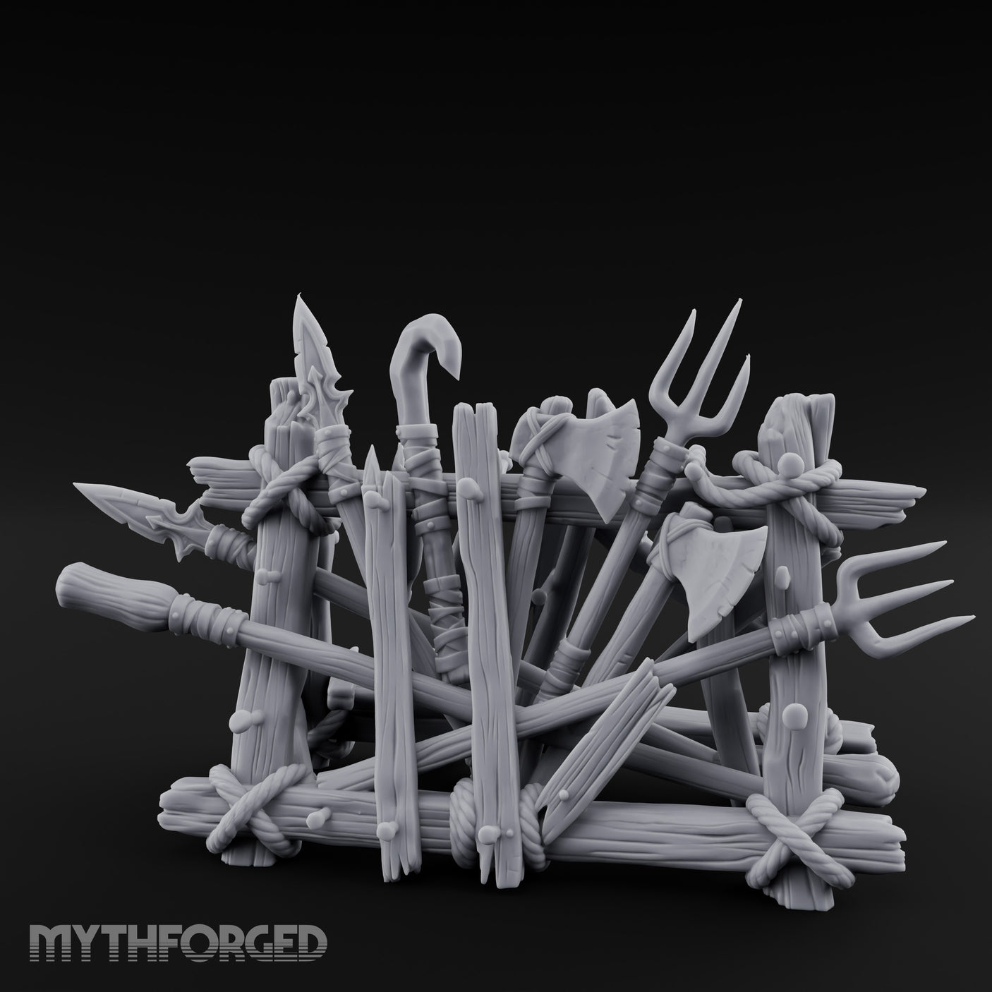 Rope-Crossed Axe-Bristling Tribal Weapon Stand Miniature for Dungeons and Dragons, Pathfinder or other TTRPGs