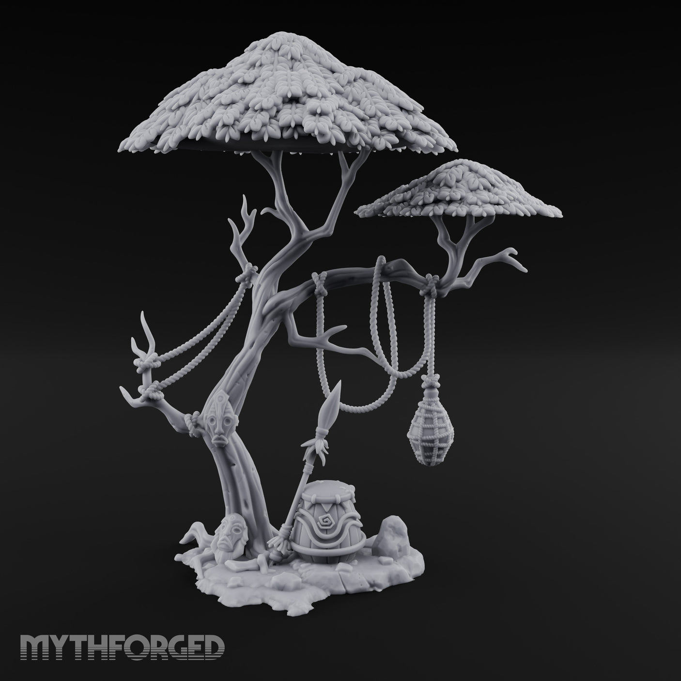 Rope-Draped Idol-Rooted Tribal Canopy Tree Scene Miniature for Dungeons and Dragons, Pathfinder or other TTRPGs