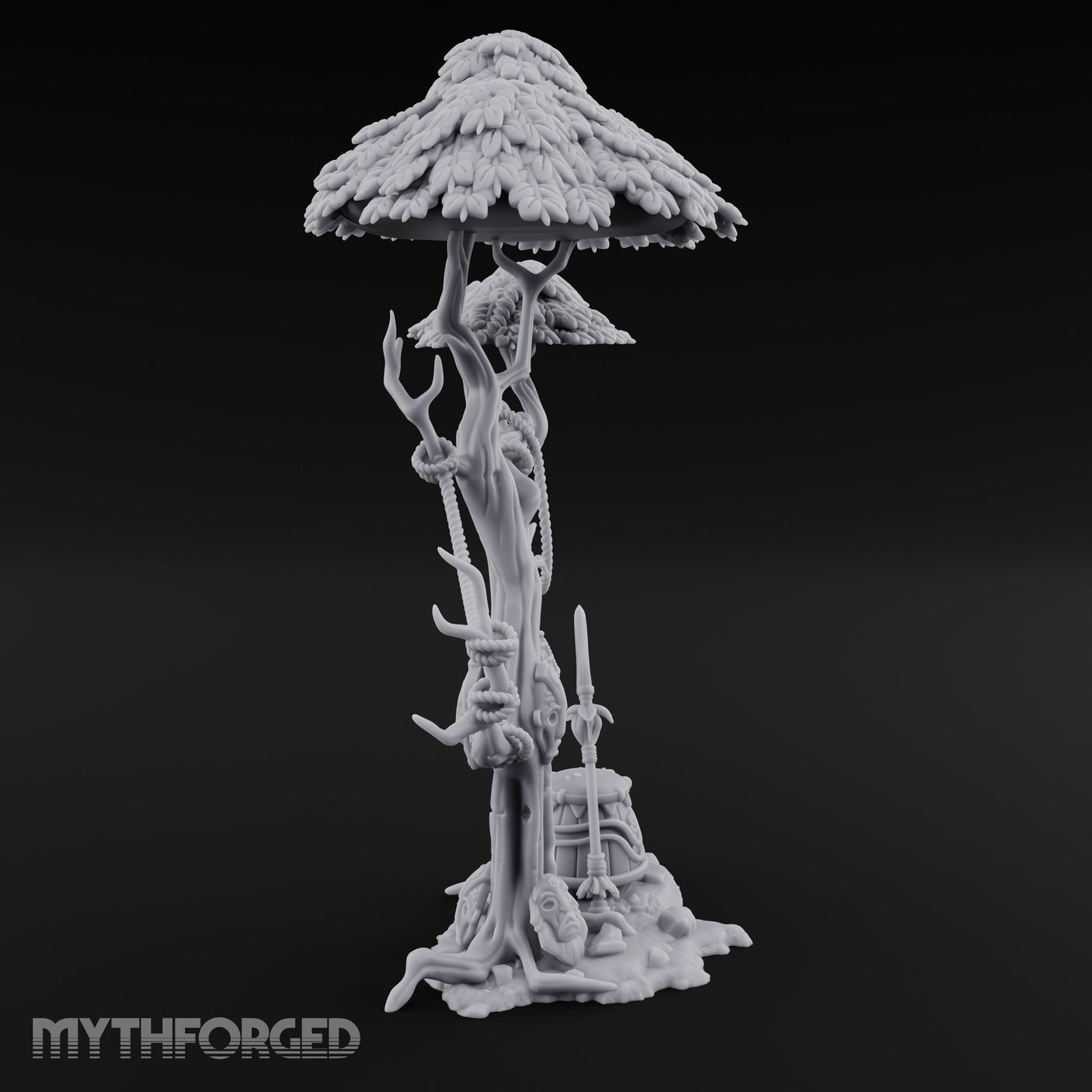 Rope-Draped Idol-Rooted Tribal Canopy Tree Scene Miniature for Dungeons and Dragons, Pathfinder or other TTRPGs