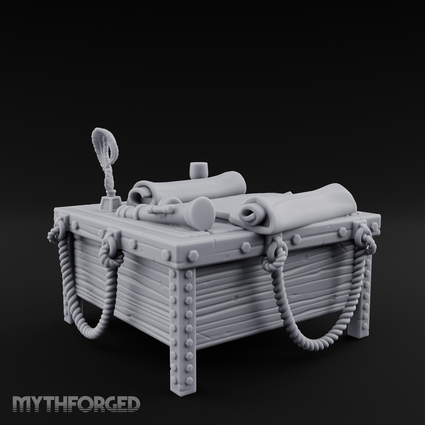 Rope-Draped Map-Strewn Navigator's Chart Table Miniature for Dungeons and Dragons, Pathfinder or other TTRPGs