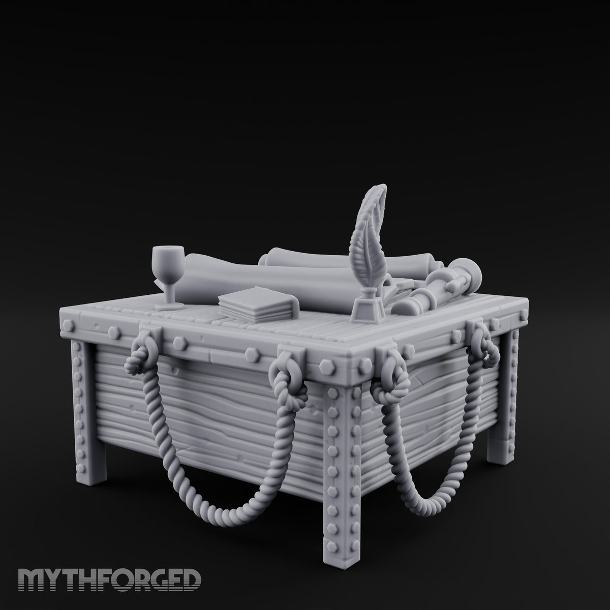 Rope-Draped Map-Strewn Navigator's Chart Table Miniature for Dungeons and Dragons, Pathfinder or other TTRPGs