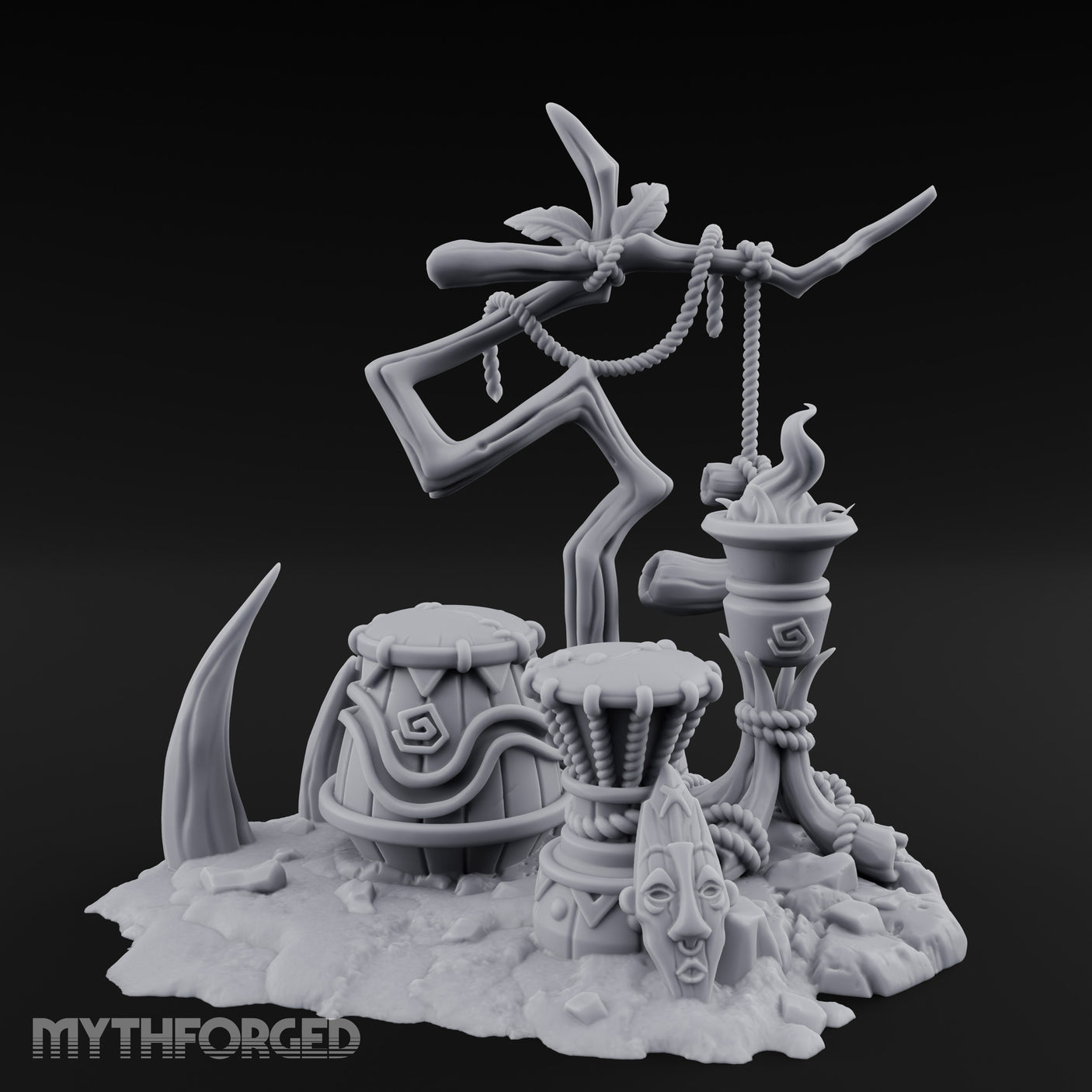 Rope-Hung Flame-Topped Tribal Drum Scene Miniature for Dungeons and Dragons, Pathfinder or other TTRPGs