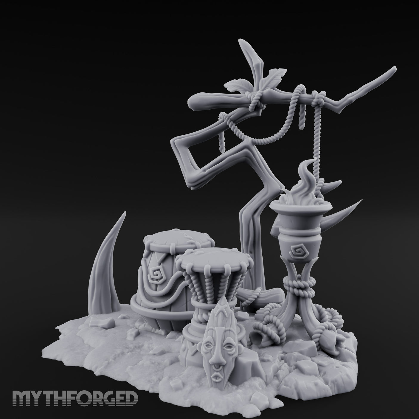 Rope-Hung Flame-Topped Tribal Drum Scene Miniature for Dungeons and Dragons, Pathfinder or other TTRPGs