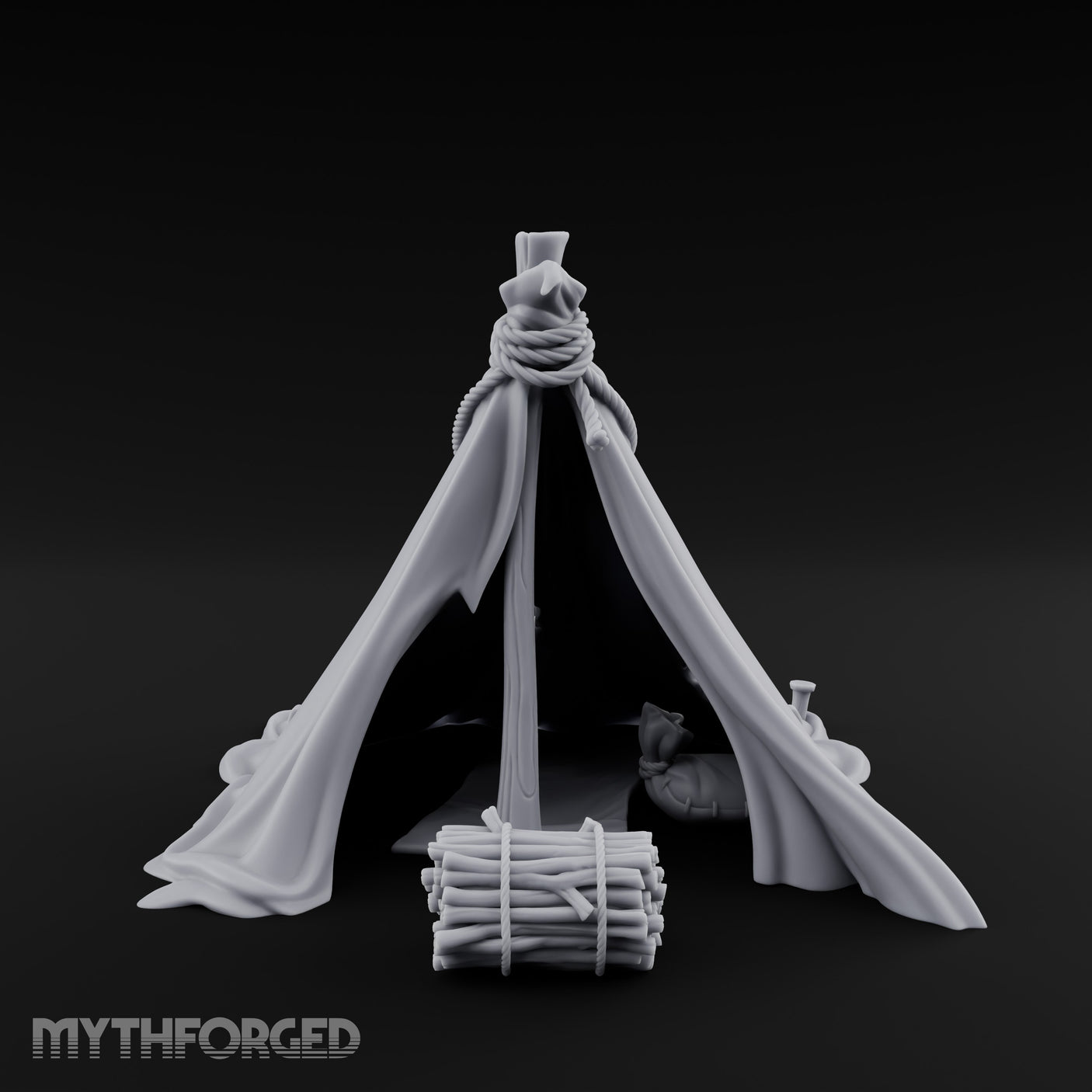 Rope-Knotted Firewood-Stocked Wilderness Tent Camp Miniature for Dungeons and Dragons, Pathfinder or other TTRPGs