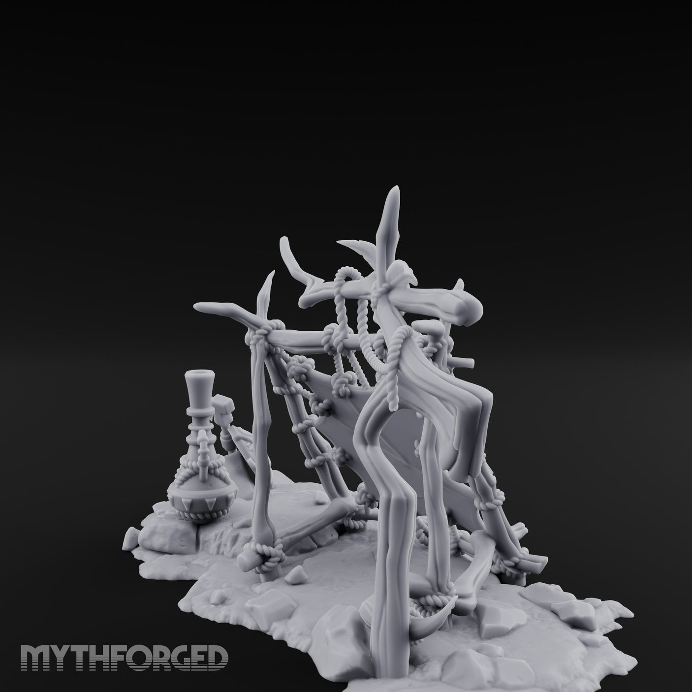 Rope-Knotted Shield-Hung Tribal Weapon Display Scene Miniature for Dungeons and Dragons, Pathfinder or other TTRPGs
