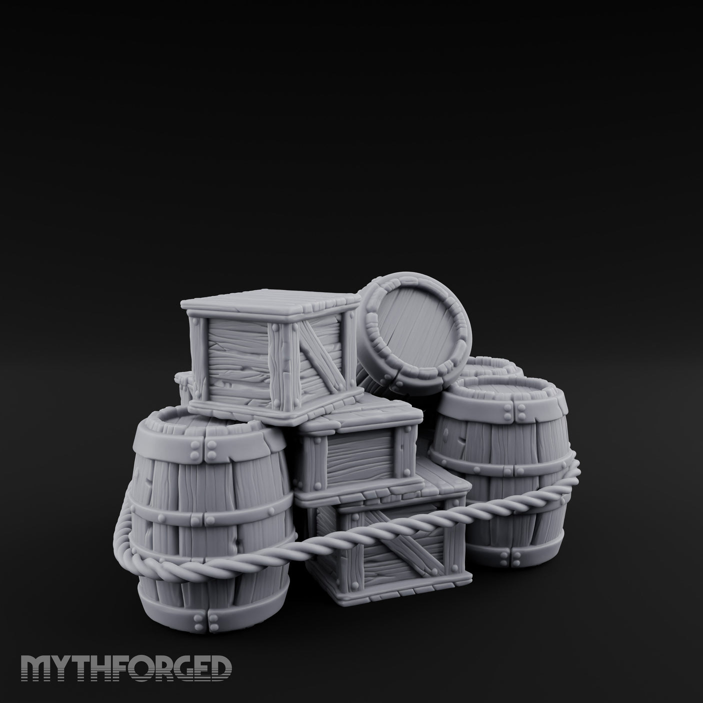 Rope-Lashed Haphazard-Stacked Barrel and Crate Set Miniature for Dungeons and Dragons, Pathfinder or other TTRPGs